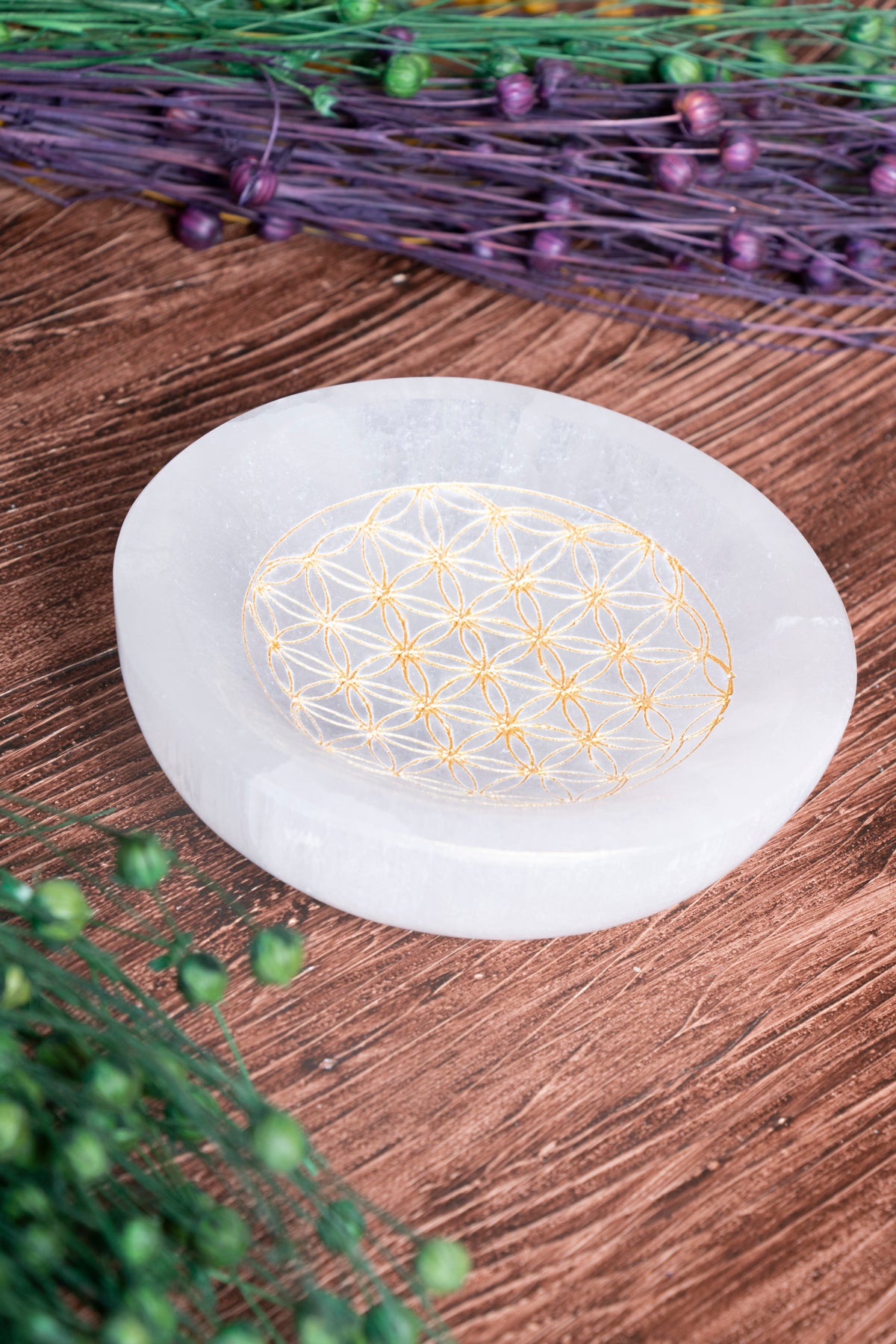 Image of Sertifikalı Selenit Doğal Taş Altın Renkli Motifli Enerji Temizleme Tabağı S.K: 0056