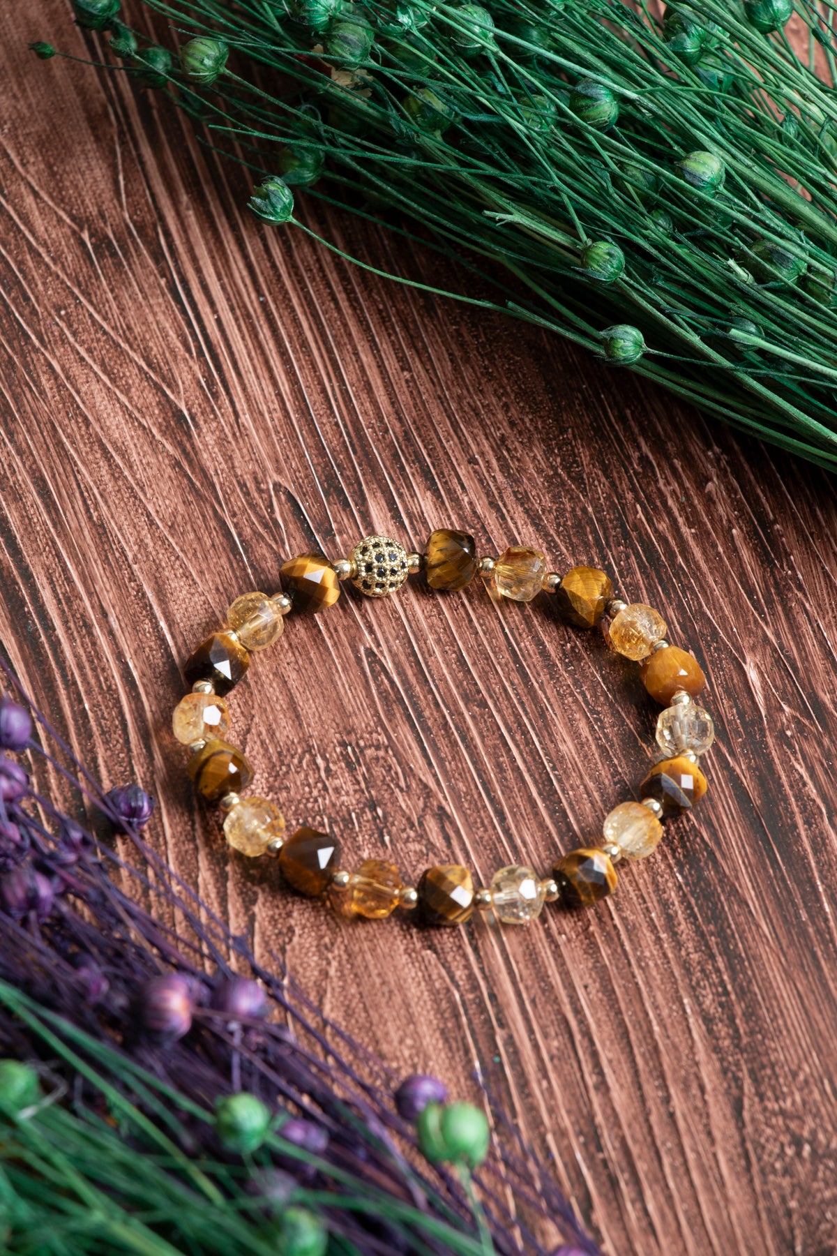 Image of Sertifikalı Kaplan Gözü Fasetli Sitrin Zirkon Aparatlı Doğal Taş Bileklik