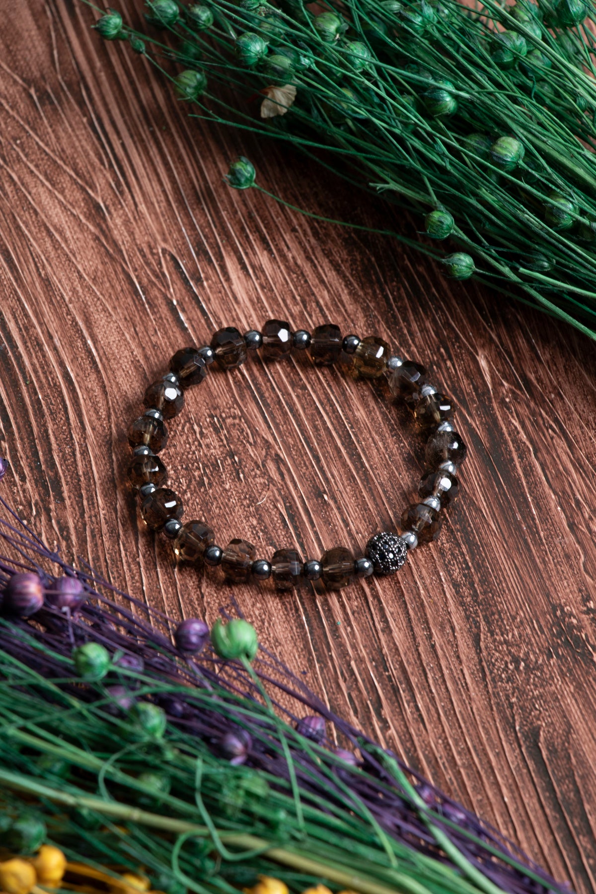 Image of Sertifikalı Dumanlı Kuvars Hematit Doğal Taş Zirkon Aparatlı Bileklik