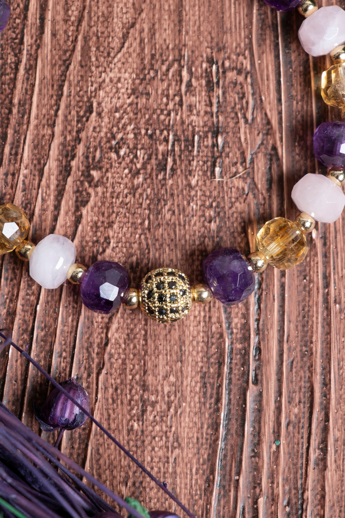 Image of Sertifikalı Pembe Kuvars Ametist Sitrin Hematit Doğal Taş Zirkon Aparatlı Bileklik