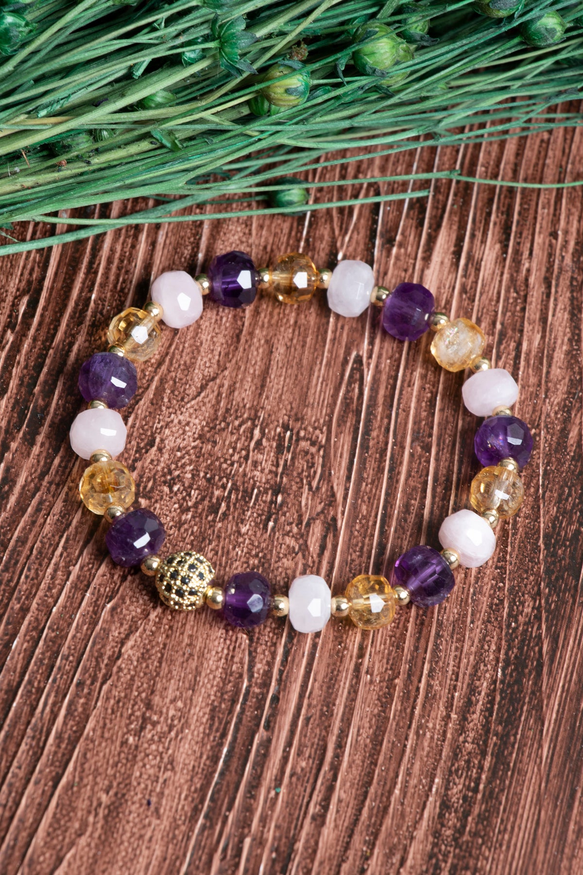 Image of Sertifikalı Pembe Kuvars Ametist Sitrin Hematit Doğal Taş Zirkon Aparatlı Bileklik