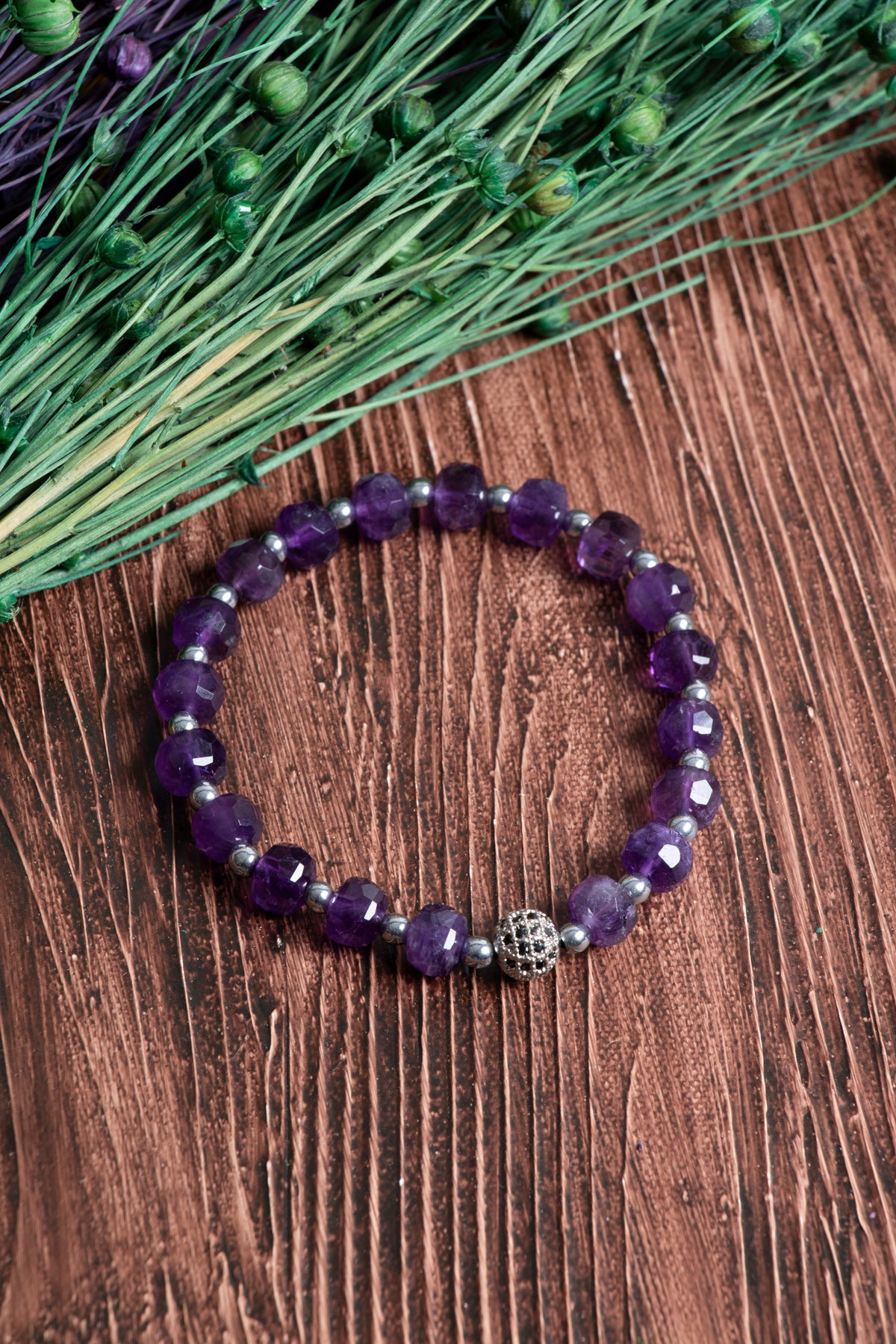 Image of Sertifikalı Ametist (fasetli) Hematit Doğal Taş Zirkon Aparatlı Bileklik