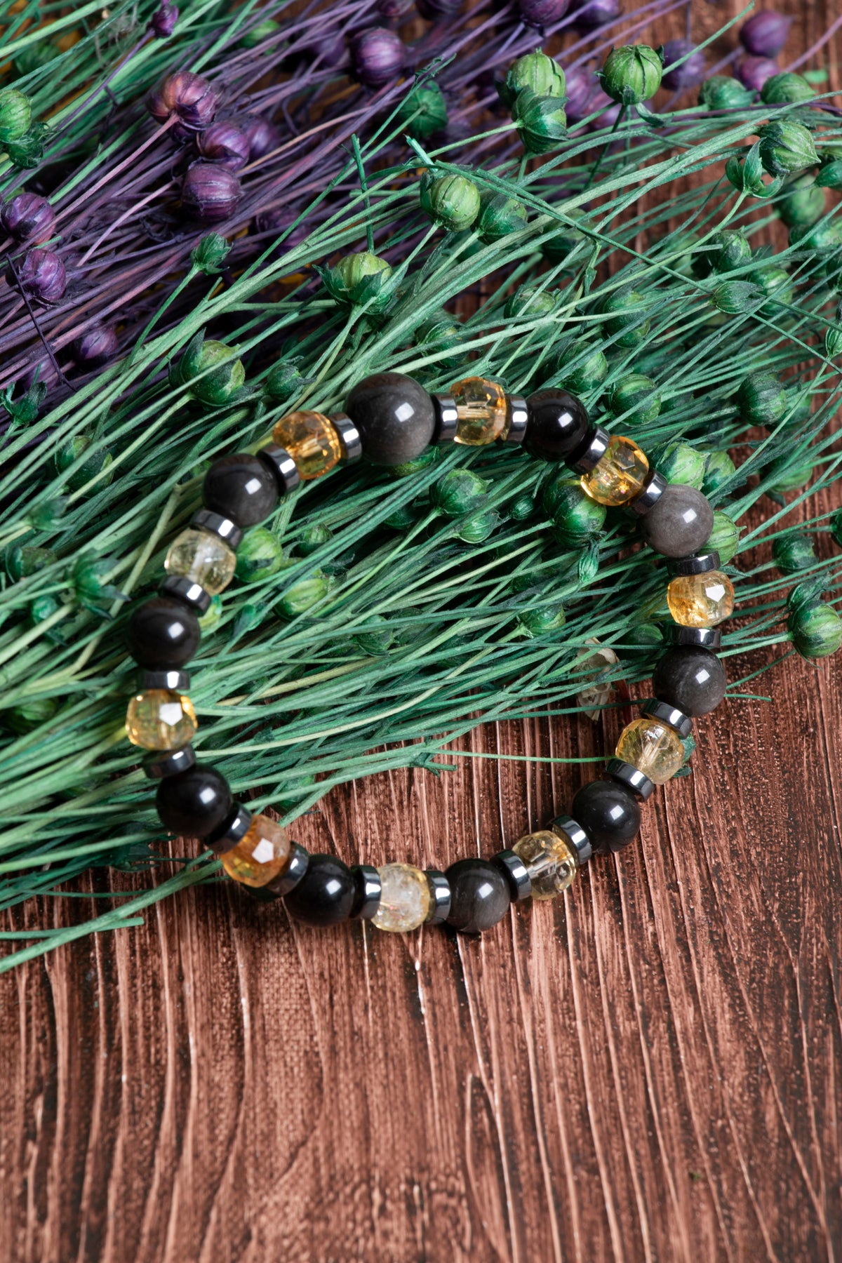 Image of Sertifikalı Sitrin Obsidyen Hematit Doğal Taş Bileklik