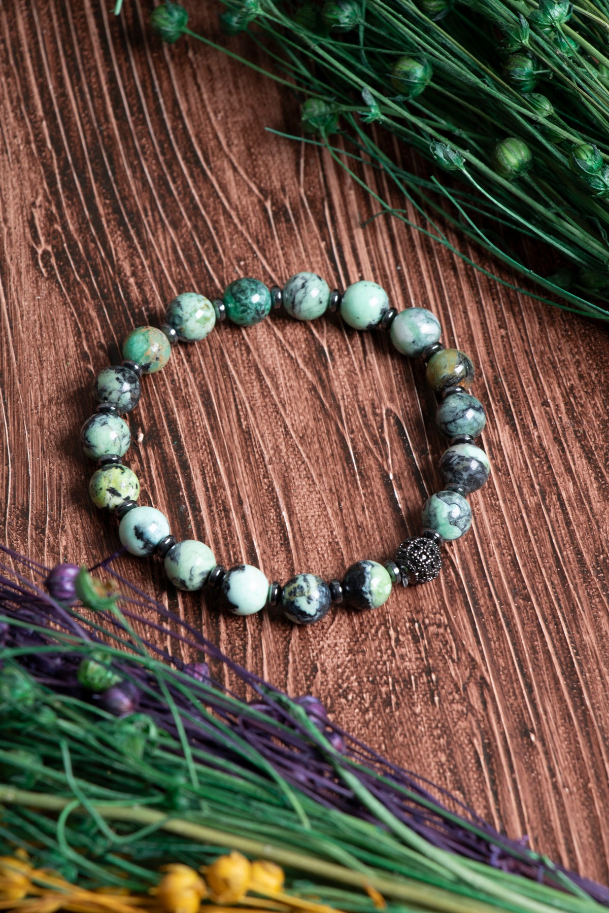 Image of Sertifikalı İspanyol Varisit Hematit Doğal Taş Zirkon Aparatlı Bileklik