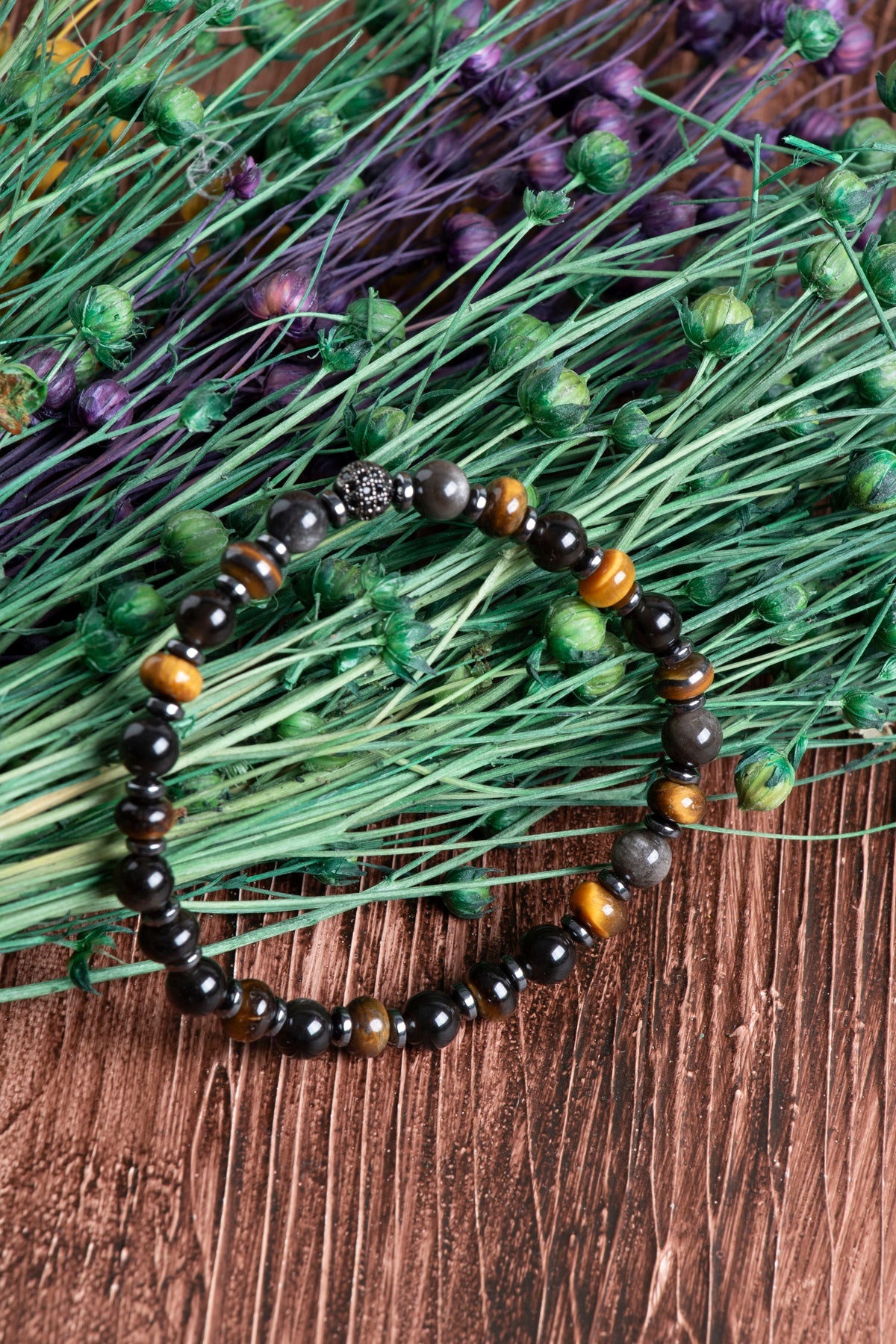 Image of Sertifikalı Obsidyen Kaplan Gözü Hematit Zirkon Aparat Doğal Taş Bileklik