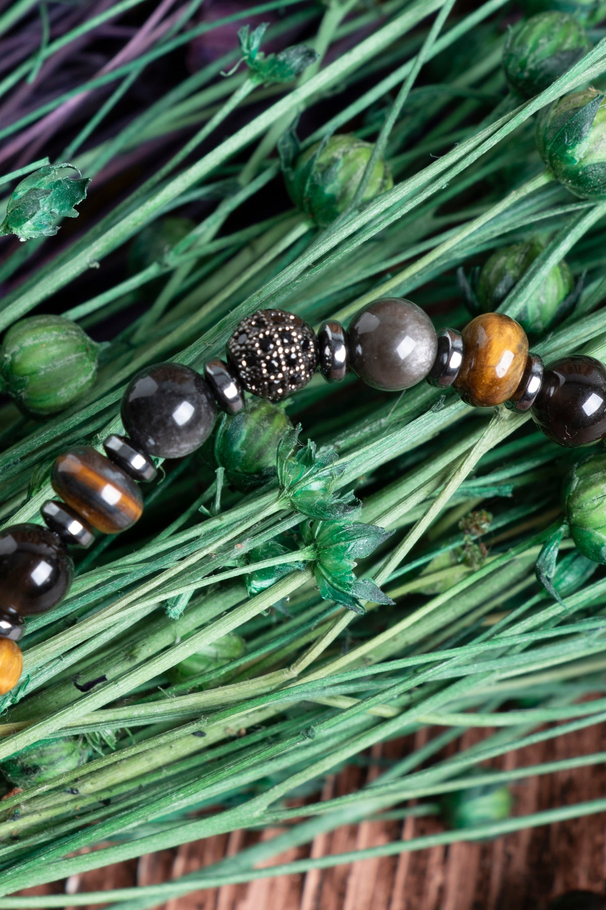 Image of Sertifikalı Obsidyen Kaplan Gözü Hematit Zirkon Aparat Doğal Taş Bileklik