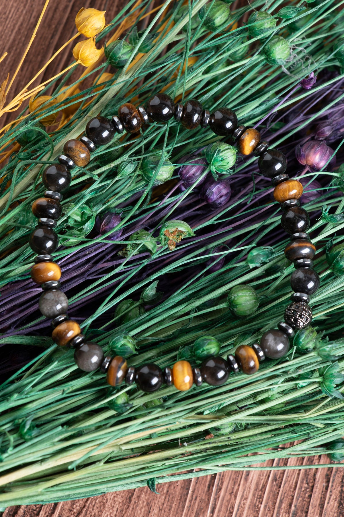 Image of Sertifikalı Obsidyen Kaplan Gözü Hematit Zirkon Aparat Doğal Taş Bileklik