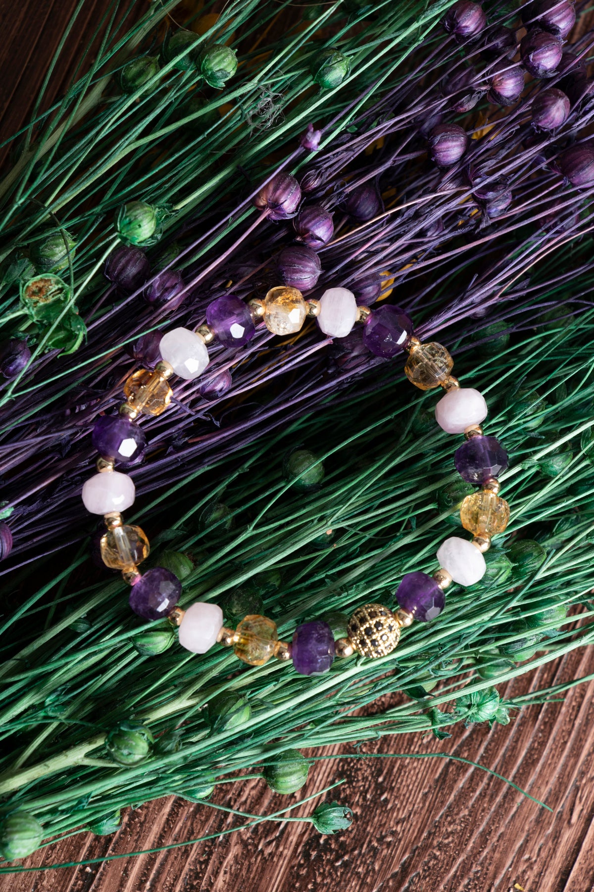 Image of Sertifikalı Ametist Sitrin Pembe Kuvars Doğal Taş Bileklik