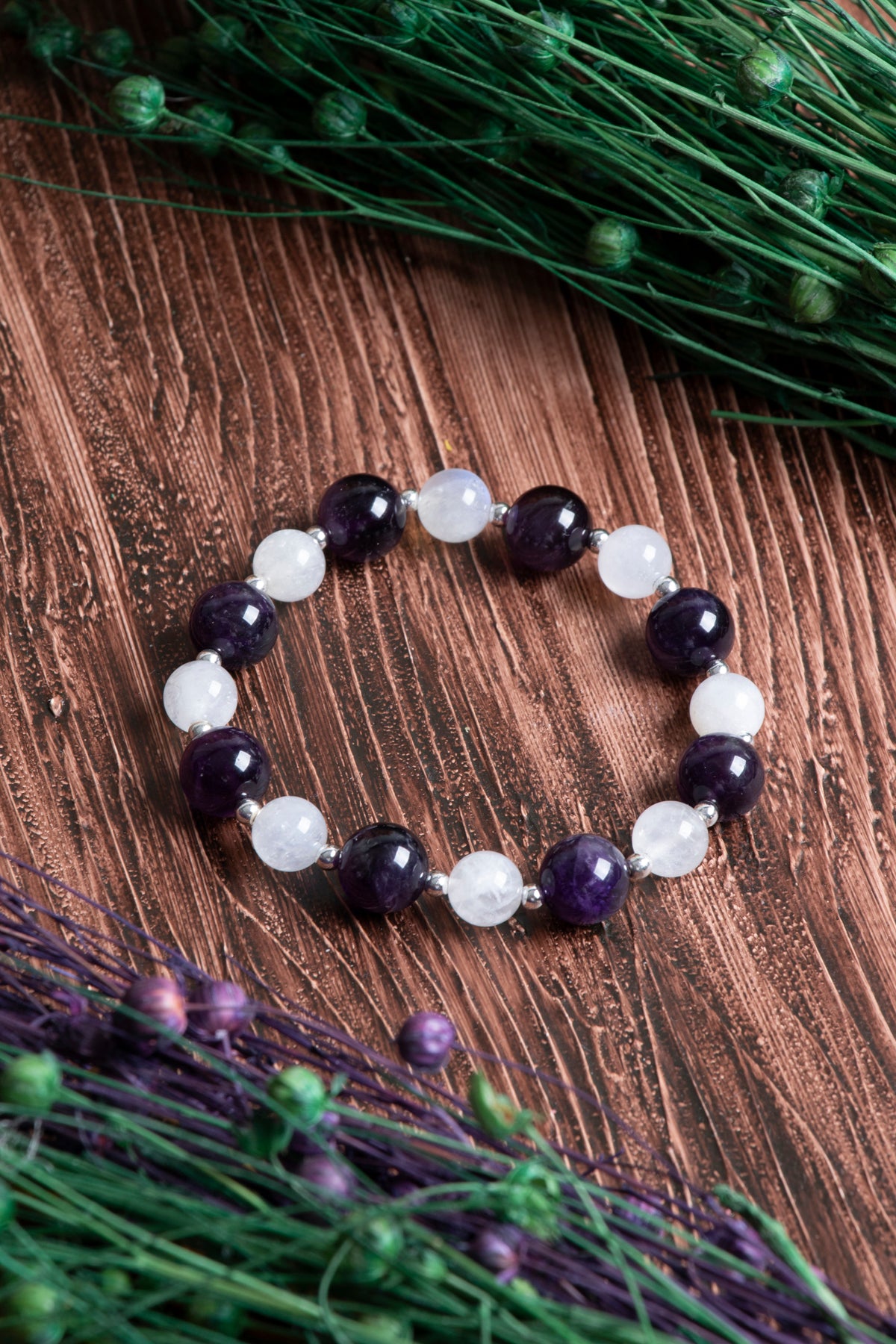 Image of Orijinal Sertifikalı Ametist (10mm) Ay Taşı (8mm) Doğal Taş Bileklik