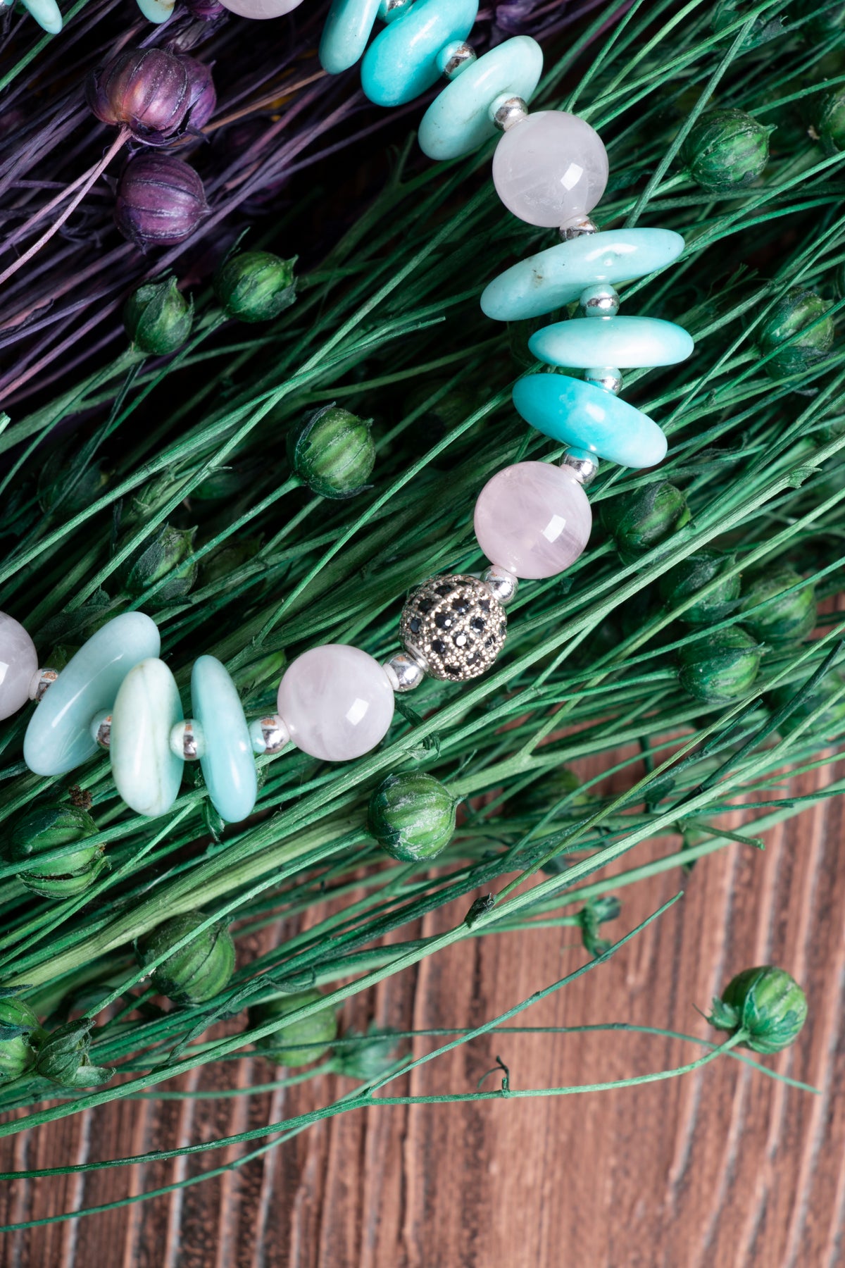 Image of Orijinal Sertifikalı Amazonit Pembe Kuvars Hamatit Doğal Taş Bileklik