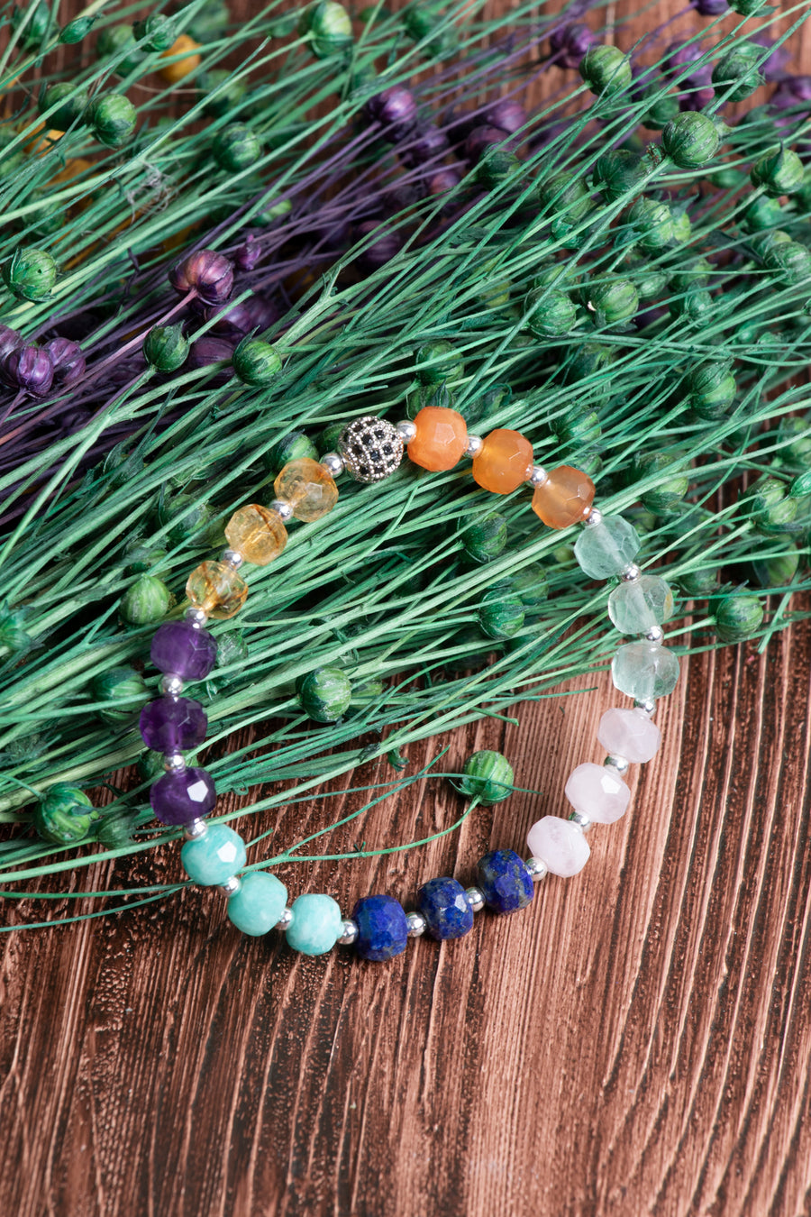 Sertifikalı Karma Doğal Taş Fasetli Bileklik Sitrin - Lapis Lazuli - Akik - Amazonit - Florit - Ametist