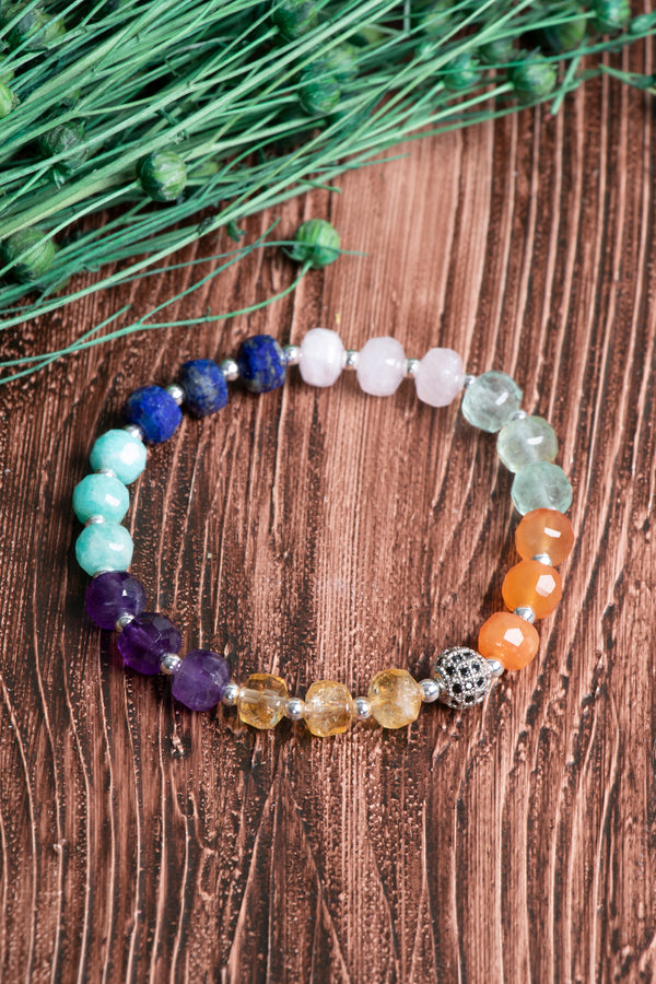 Sertifikalı Karma Doğal Taş Fasetli Bileklik Sitrin - Lapis Lazuli - Akik - Amazonit - Florit - Ametist