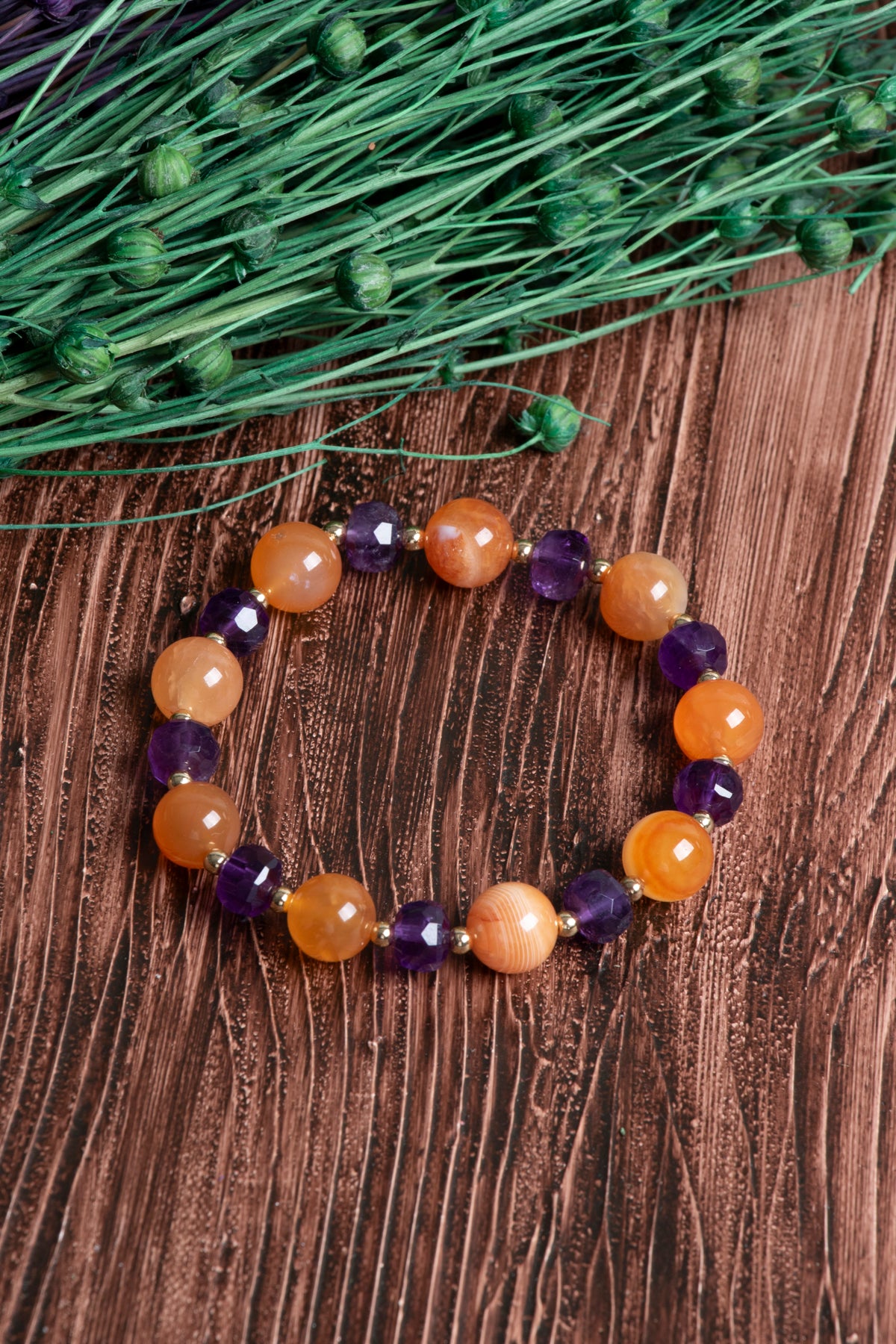 Image of Orijinal Sertifikalı Karnelyan Akik (10mm) - Ametist Fasetli (8mm) - Hematit Doğal Taş Bileklik