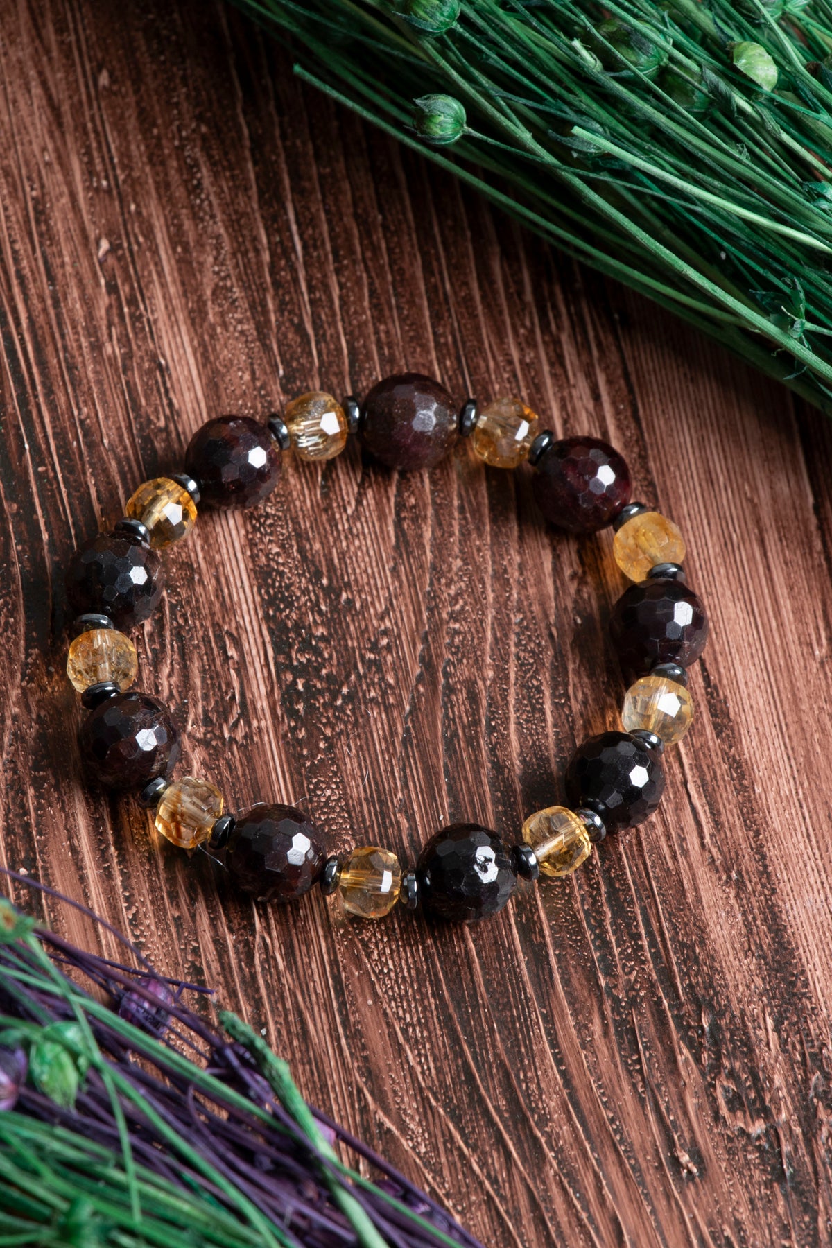 Image of Orijinal Sertifikalı Lal Granat (10mm)- Sitrin Fasetli (8mm) Rondel Kesim Doğal Taş Bileklik