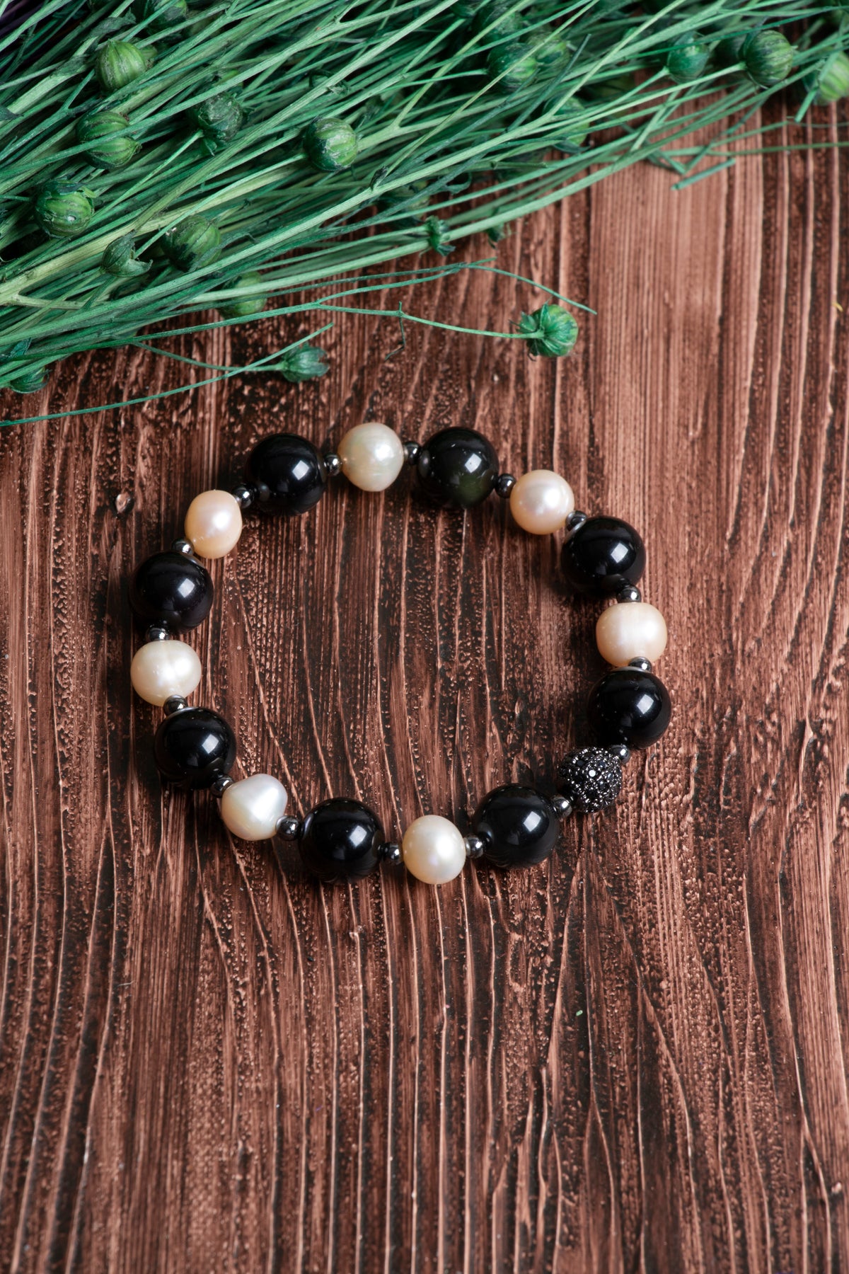 Image of Orijinal Sertifikalı Obsidyen (10mm) İnci (8mm) Zirkon Aparatlı Doğal Taş Bileklik