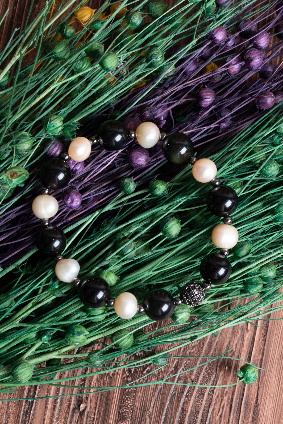 Image of Orijinal Sertifikalı Obsidyen (10mm) İnci (8mm) Zirkon Aparatlı Doğal Taş Bileklik