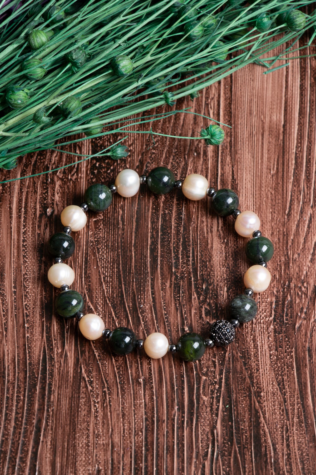 Image of Orijinal Sertifikalı İnci Kanada Yeşim Hematit Doğal Taş Bileklik