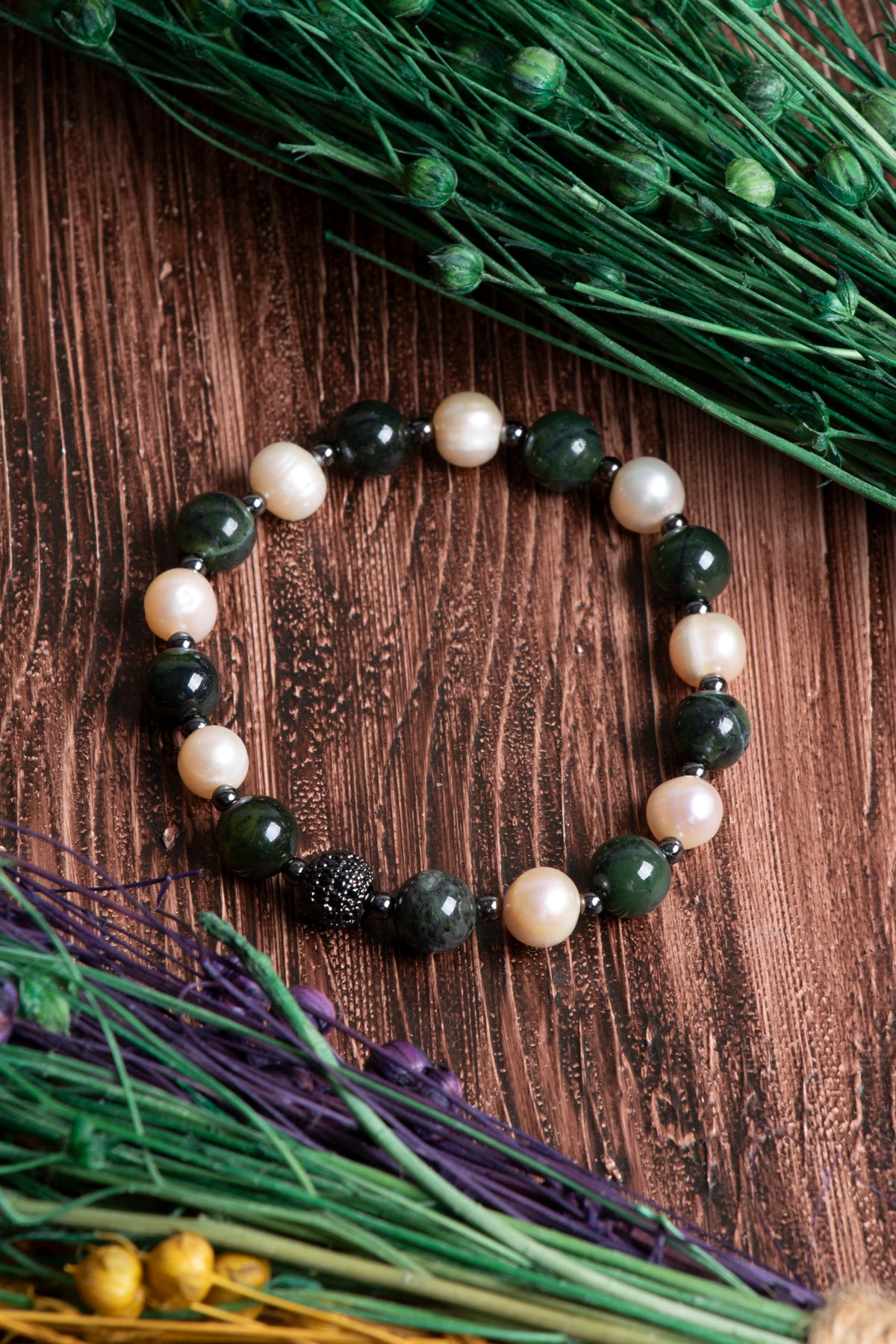 Image of Orijinal Sertifikalı İnci Kanada Yeşim Hematit Doğal Taş Bileklik