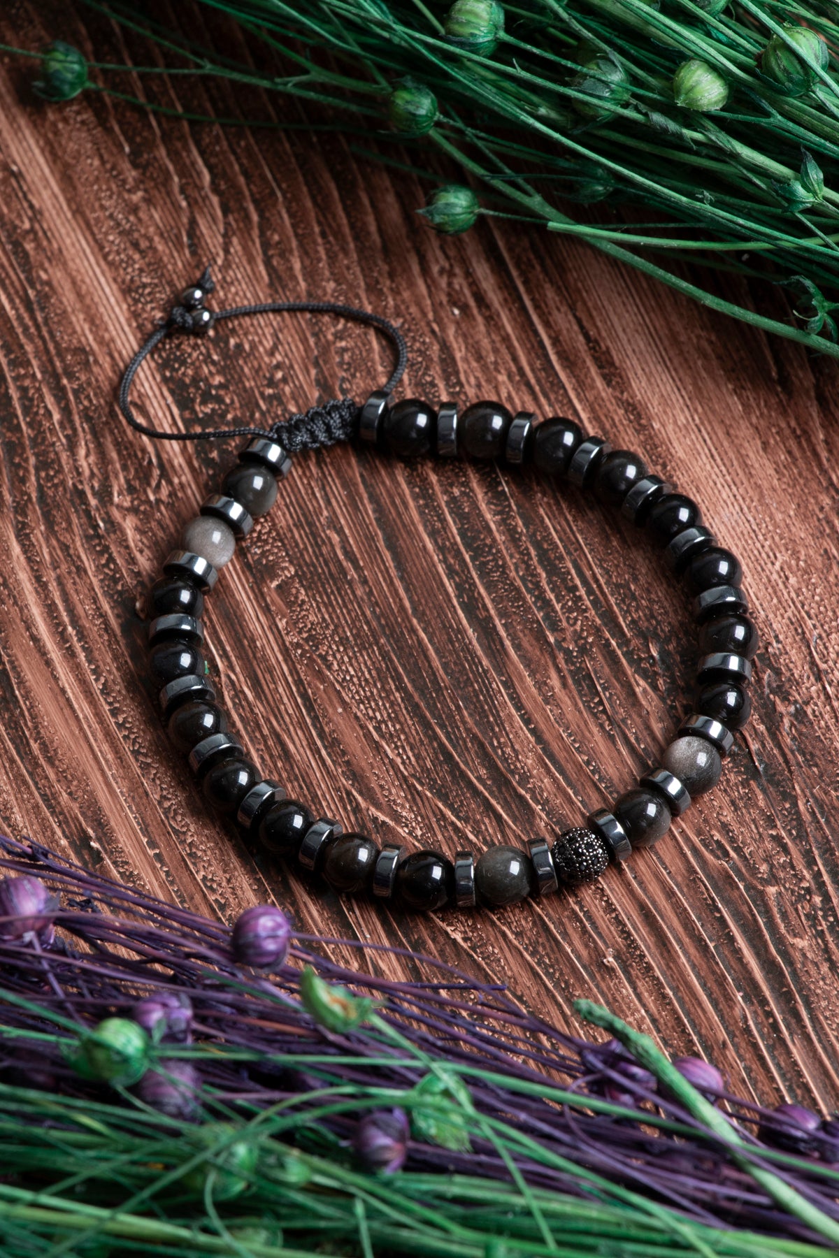Orijinal Sertifikalı Obsidyen Hematit Zirkon Aparatlı 6 mm Doğal Taş Makrome Bileklik
