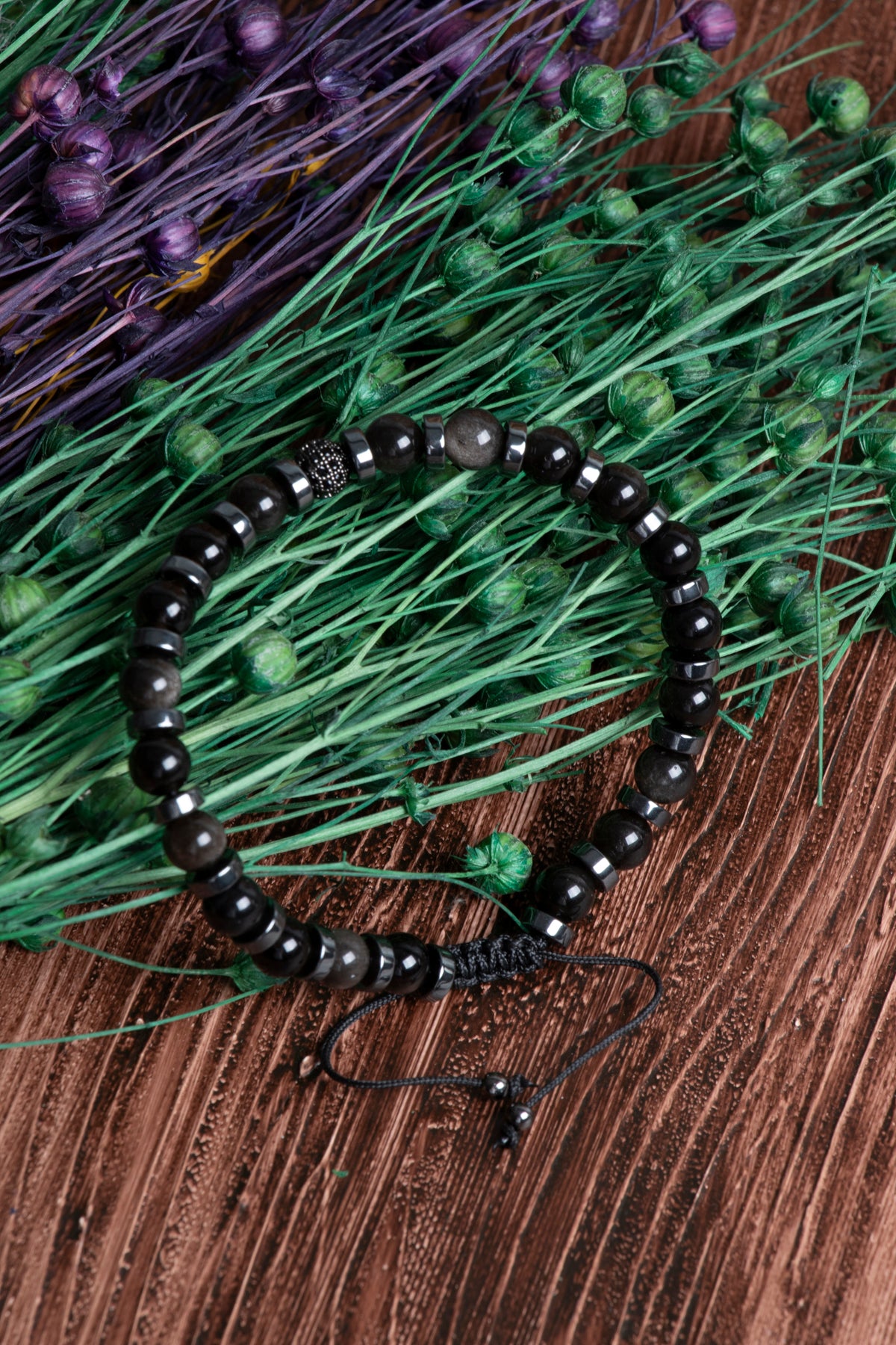 Image of Orijinal Sertifikalı Obsidyen Hematit Zirkon Aparatlı 6 mm Doğal Taş Makrome Bileklik