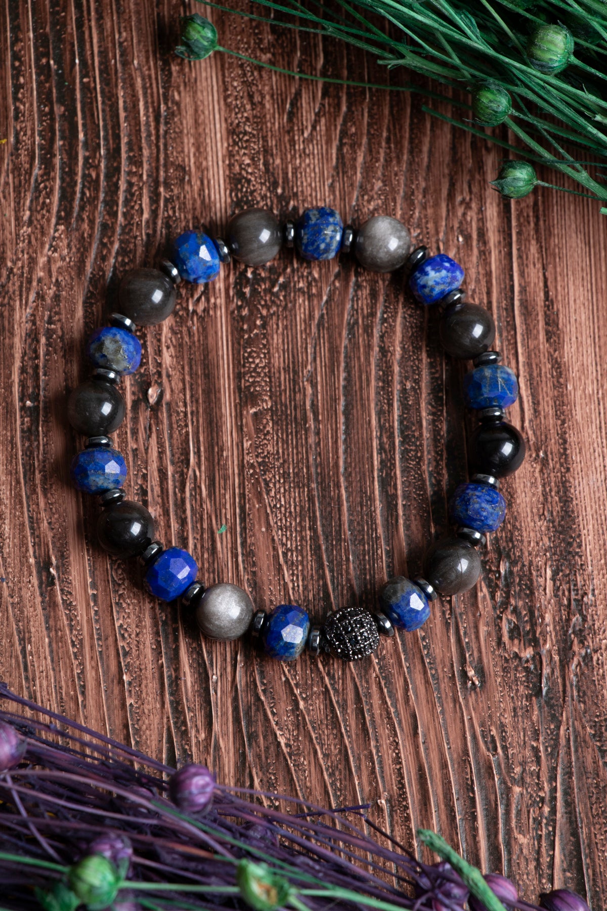 Image of Sertifikalı Orijinal Lapis Lazuli Obsidyen Silver Hematit Doğal Taş (8 mm) Zirkon Aparatlı Bileklik