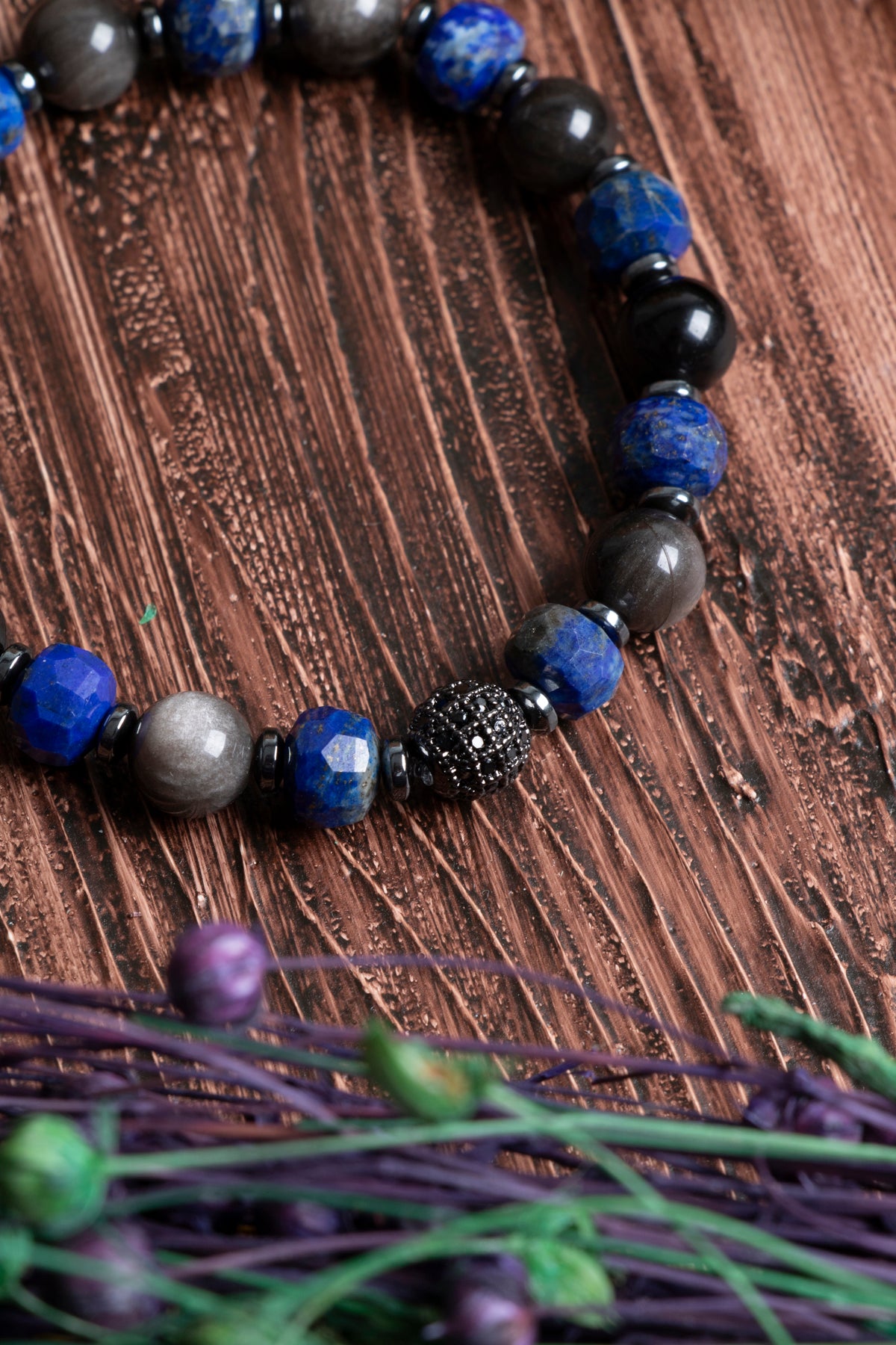 Sertifikalı Orijinal Lapis Lazuli Obsidyen Silver Hematit Doğal Taş (8 mm) Zirkon Aparatlı Bileklik