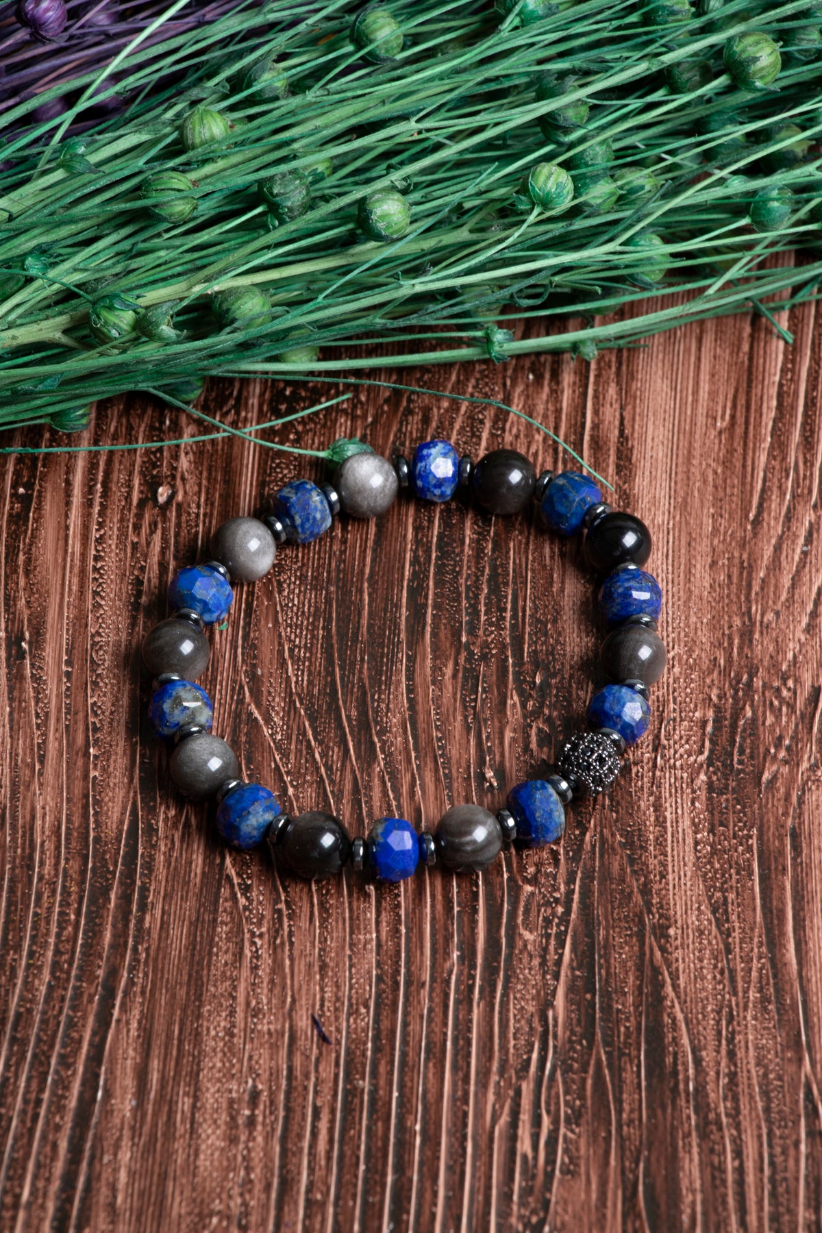 Image of Sertifikalı Orijinal Lapis Lazuli Obsidyen Silver Hematit Doğal Taş (8 mm) Zirkon Aparatlı Bileklik