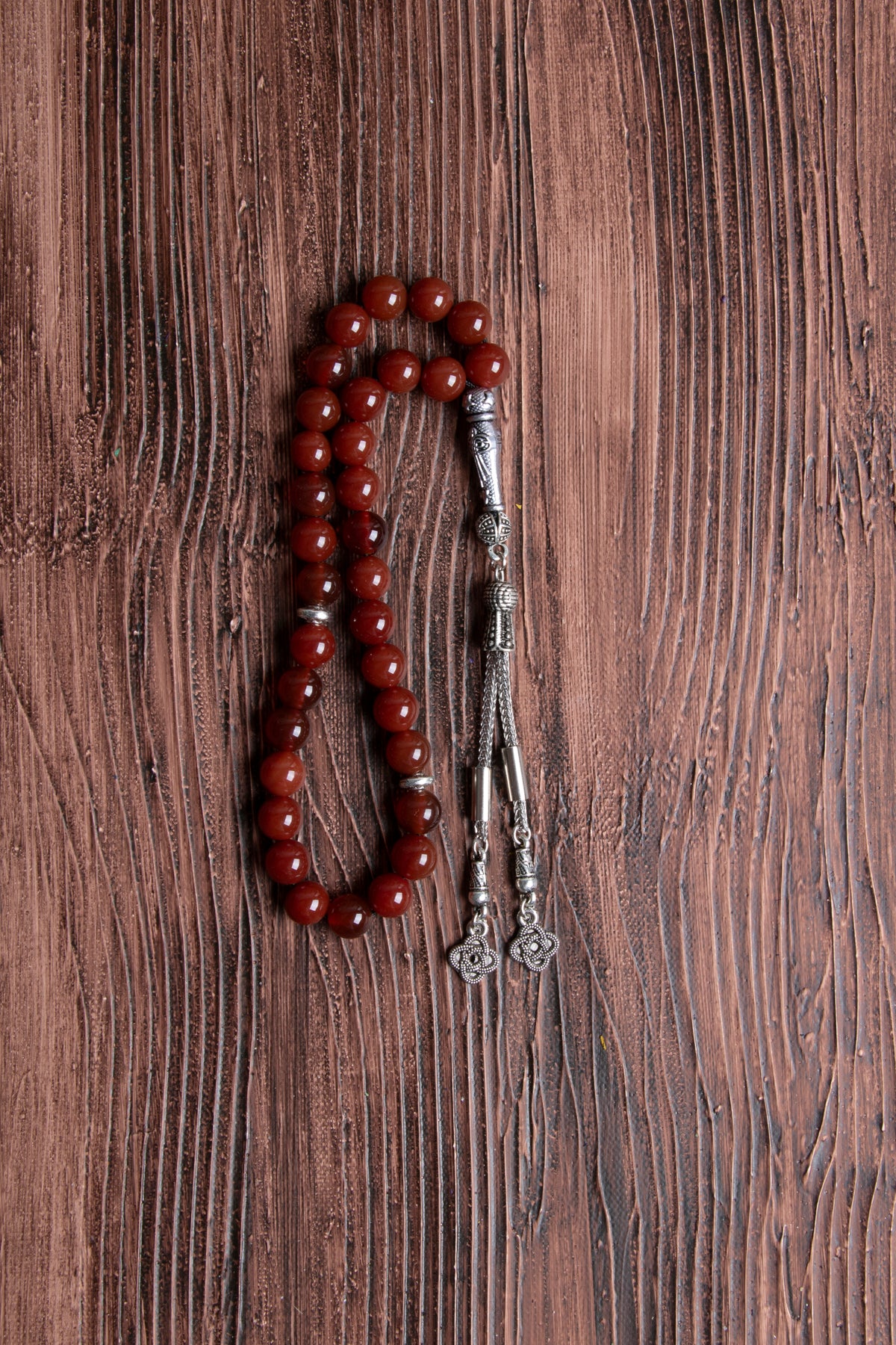 Image of Orijinal Sertifikalı Kırmızı Akik (8 mm) Doğal Taş Metal İmamiye Püskül Tespih