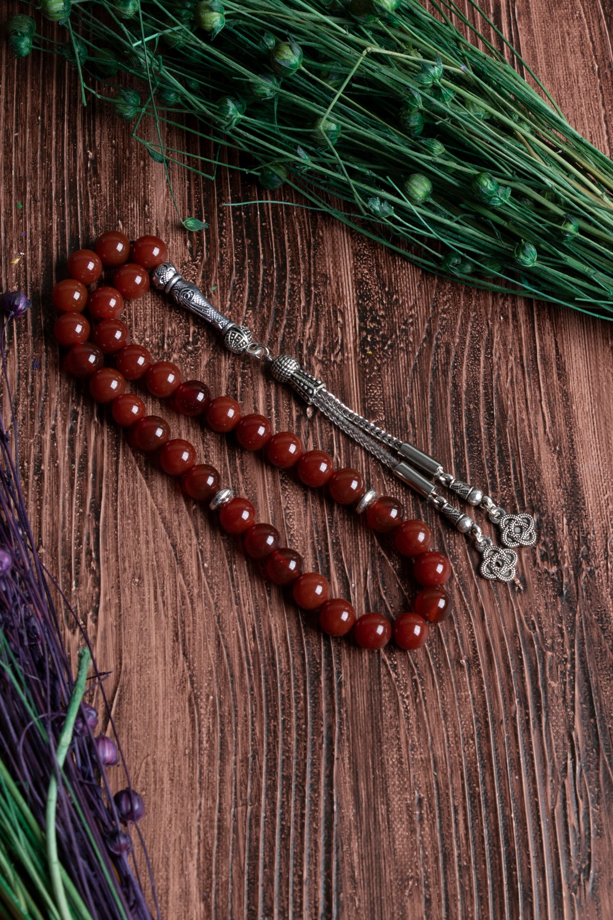 Image of Orijinal Sertifikalı Kırmızı Akik (8 mm) Doğal Taş Metal İmamiye Püskül Tespih