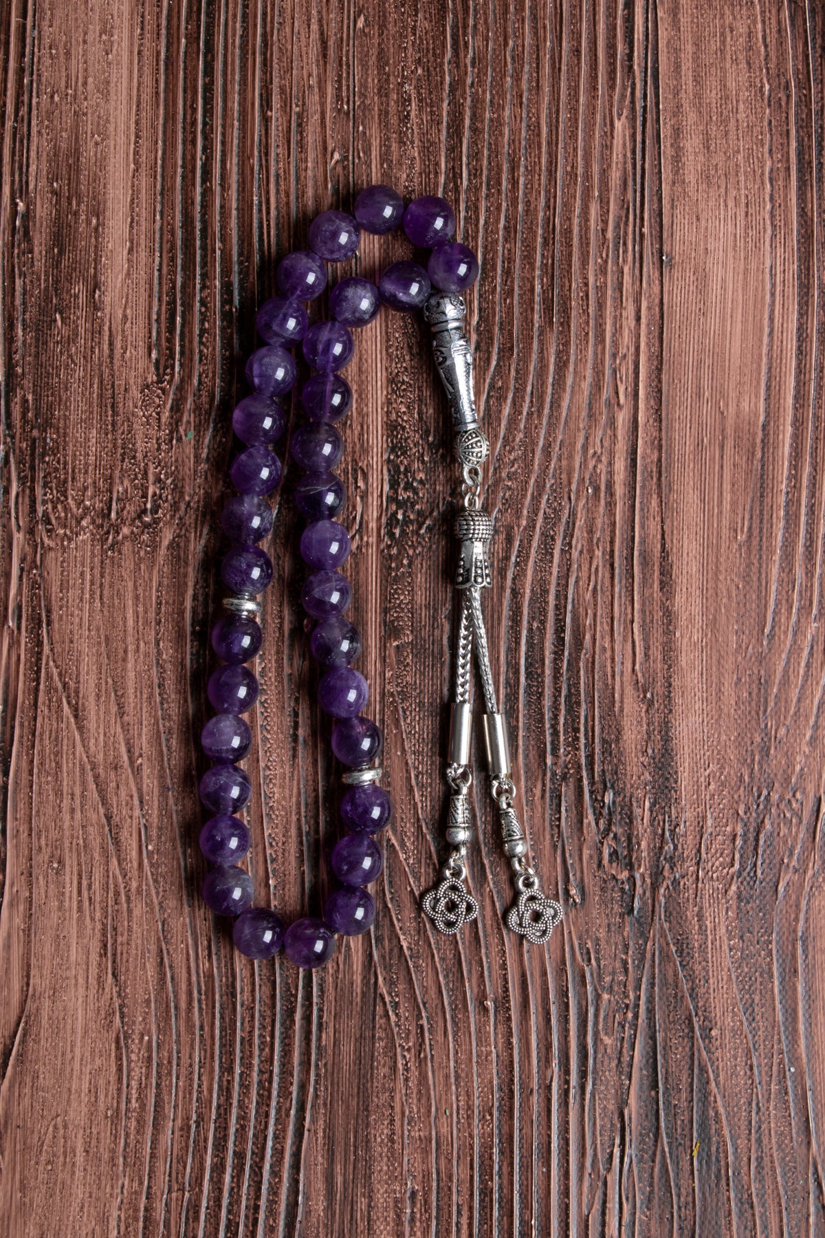 Image of Orijinal Sertifikalı Ametist (8 mm) Doğal Taş Metal İmamiye Püskül Tespih