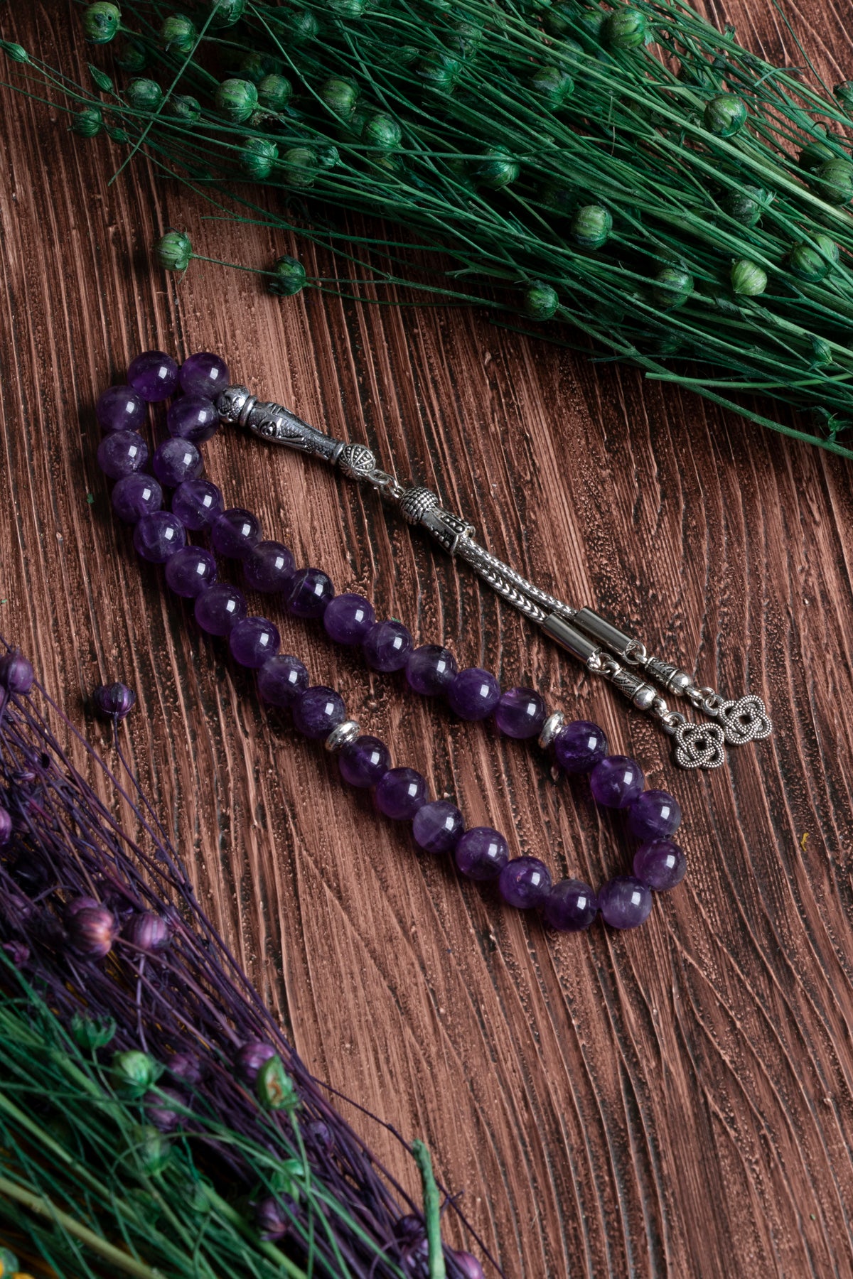 Image of Orijinal Sertifikalı Ametist (8 mm) Doğal Taş Metal İmamiye Püskül Tespih