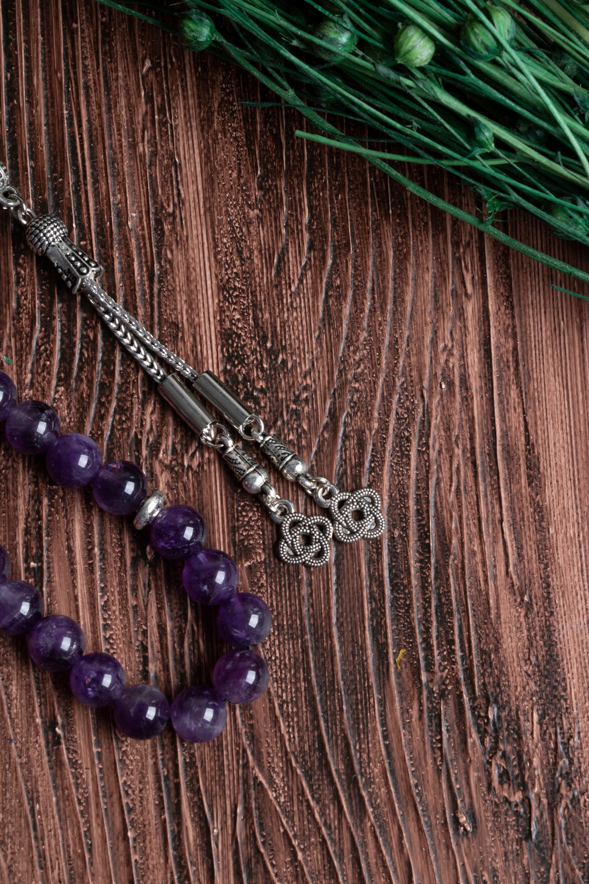 Image of Orijinal Sertifikalı Ametist (8 mm) Doğal Taş Metal İmamiye Püskül Tespih