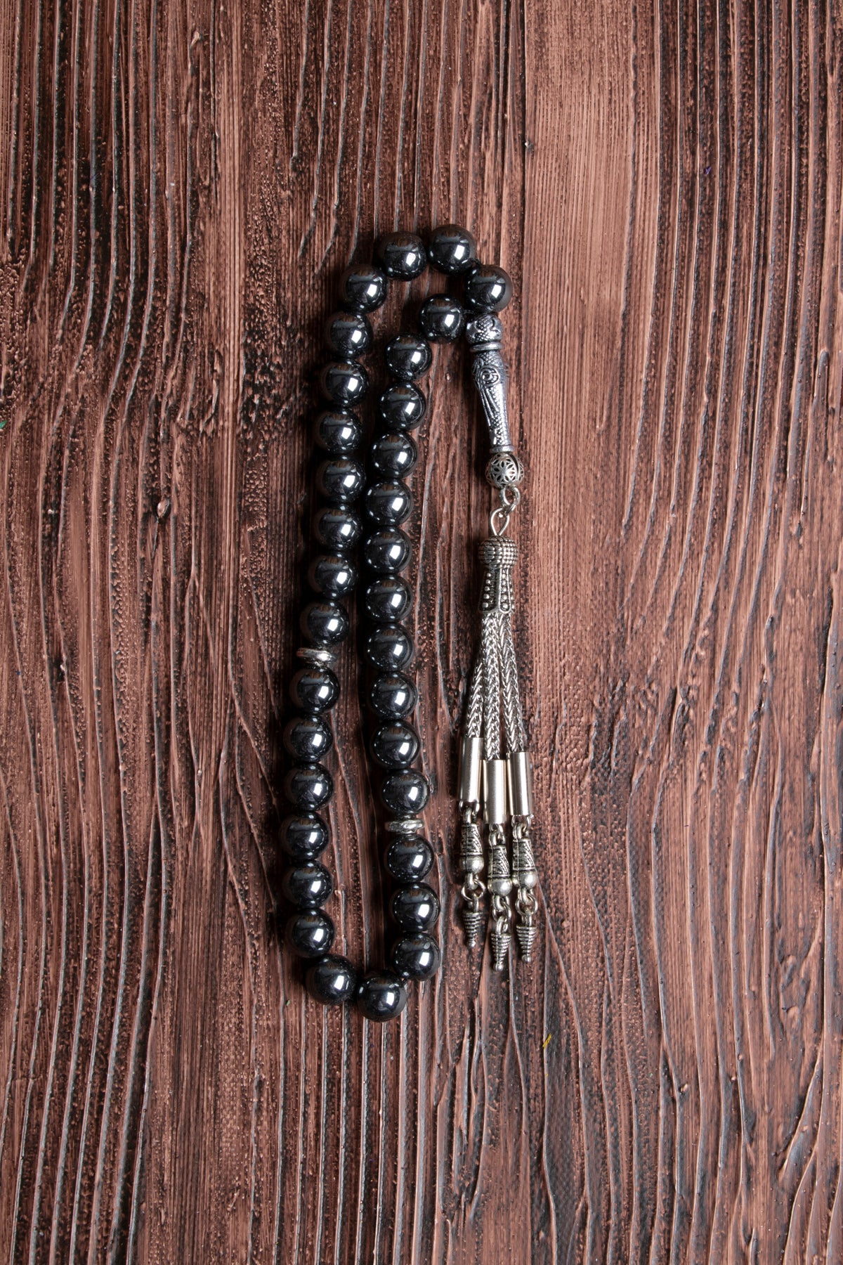 Image of Orijinal Sertifikalı Hematit (8 mm) Doğal Taş Metal İmamiye Püskül Tespih