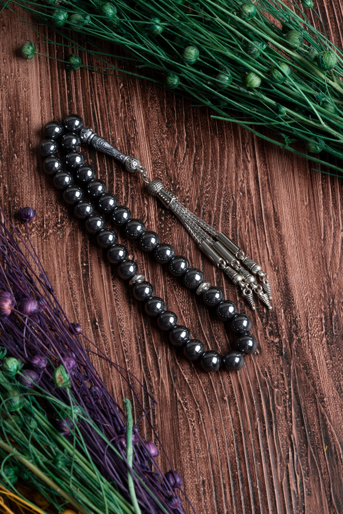 Image of Orijinal Sertifikalı Hematit (8 mm) Doğal Taş Metal İmamiye Püskül Tespih