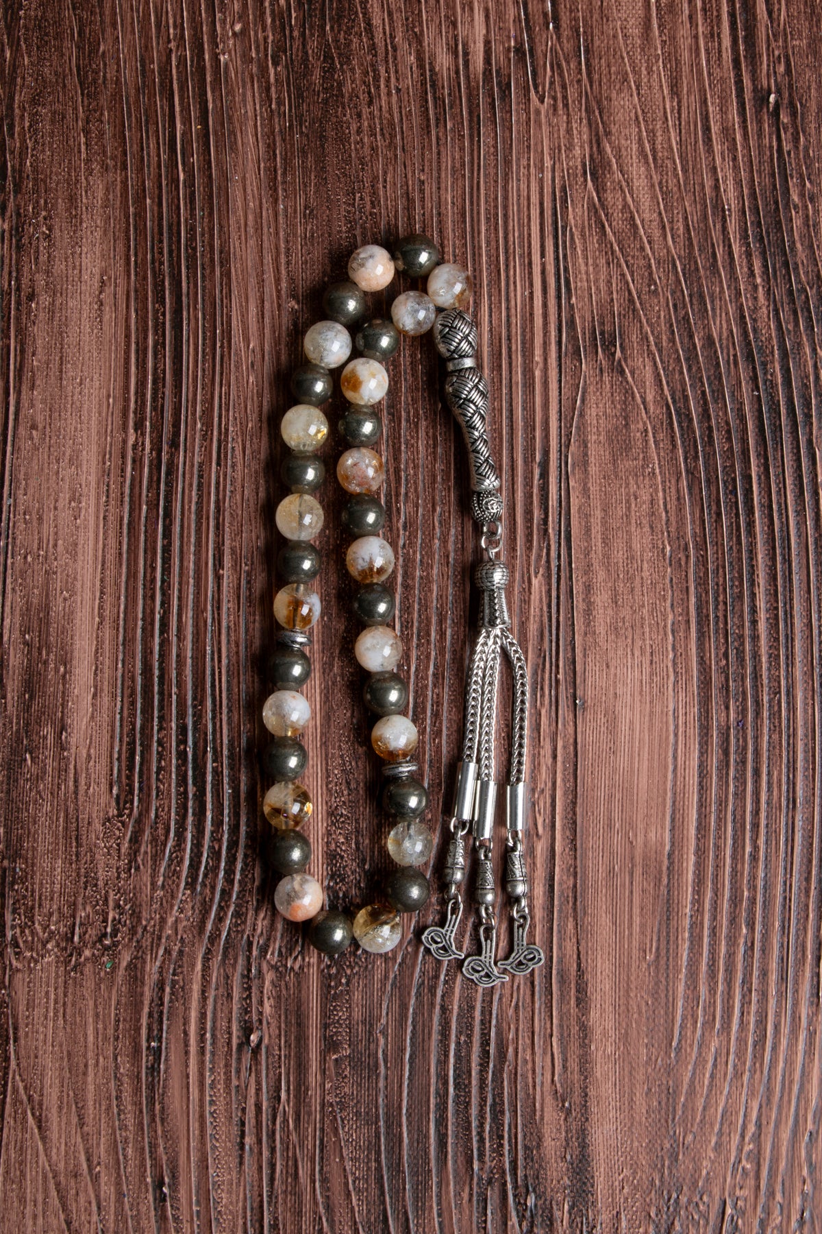 Image of Orijinal Sertifikalı Sitrin Pirit Doğal Taş Metal İmamiye Püskül Tespih