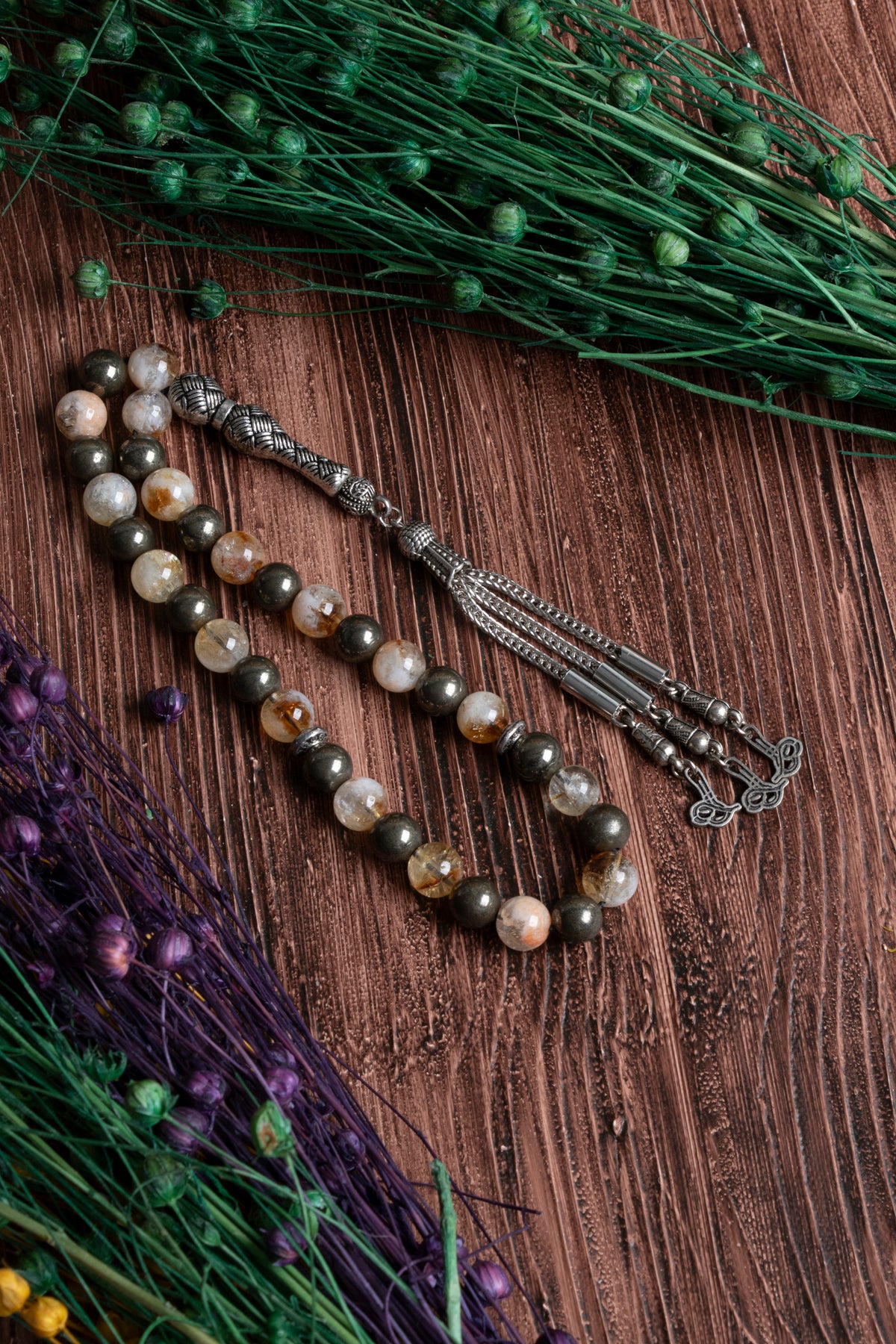 Image of Orijinal Sertifikalı Sitrin Pirit Doğal Taş Metal İmamiye Püskül Tespih