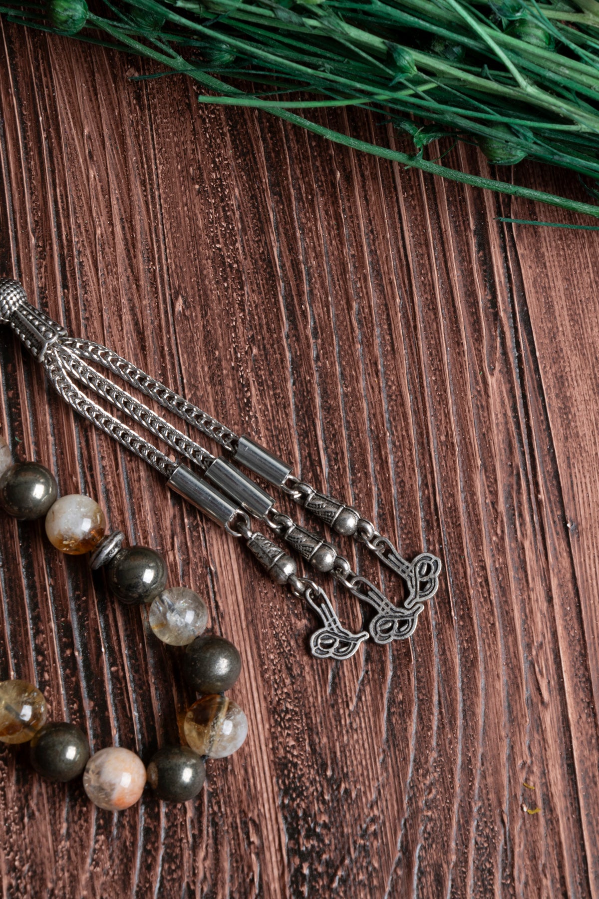 Image of Orijinal Sertifikalı Sitrin Pirit Doğal Taş Metal İmamiye Püskül Tespih