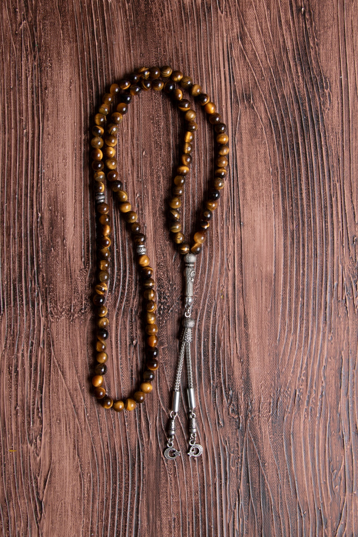 Image of Orijinal Sertifikalı 99'luk Kaplan Gözü Doğal Taş Metal İmamiye Püskül Tespih