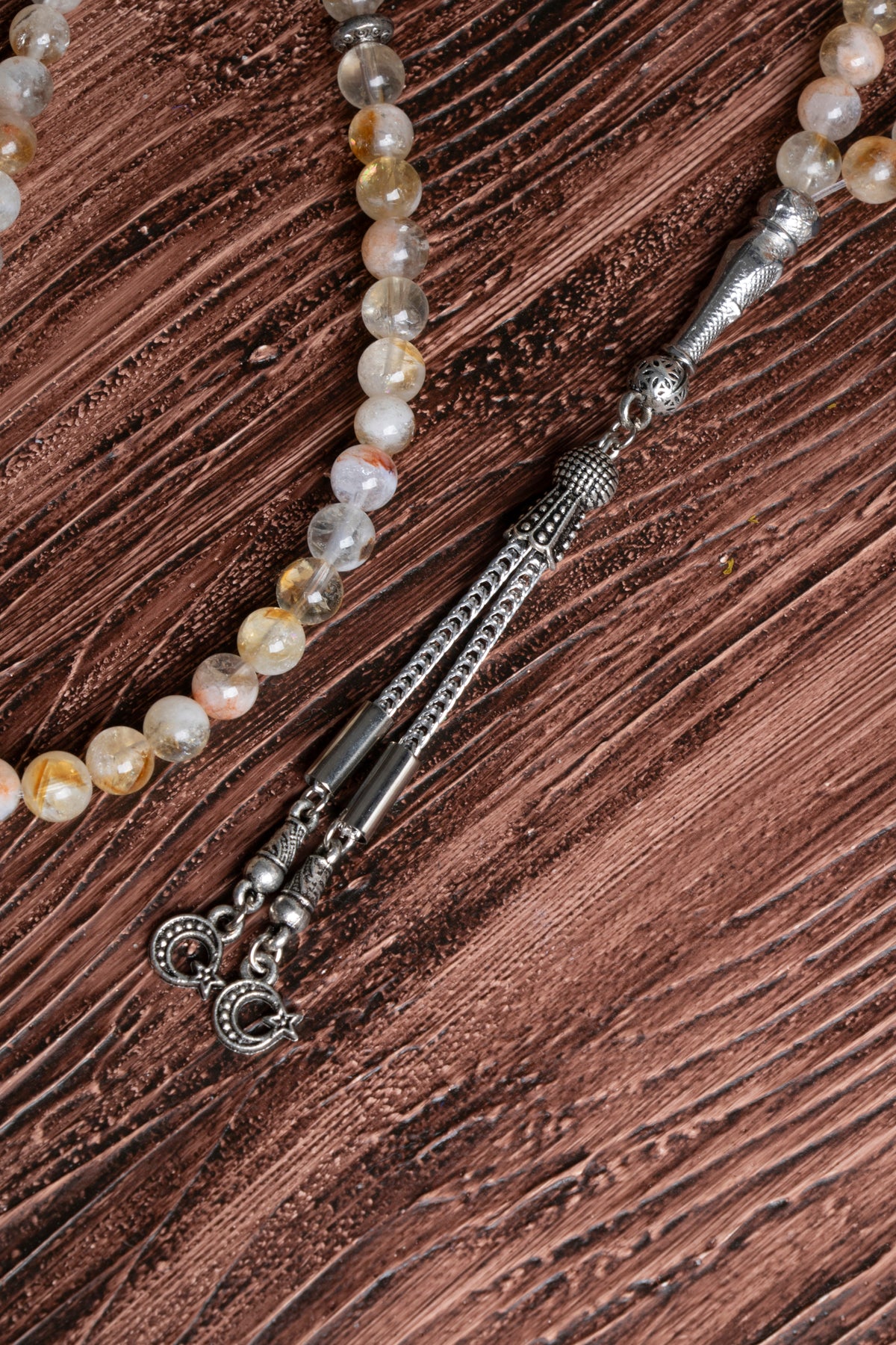 Image of Orijinal Sertifikalı 99'luk Sitrin Doğal Taş Metal İmamiye Püskül Tespih