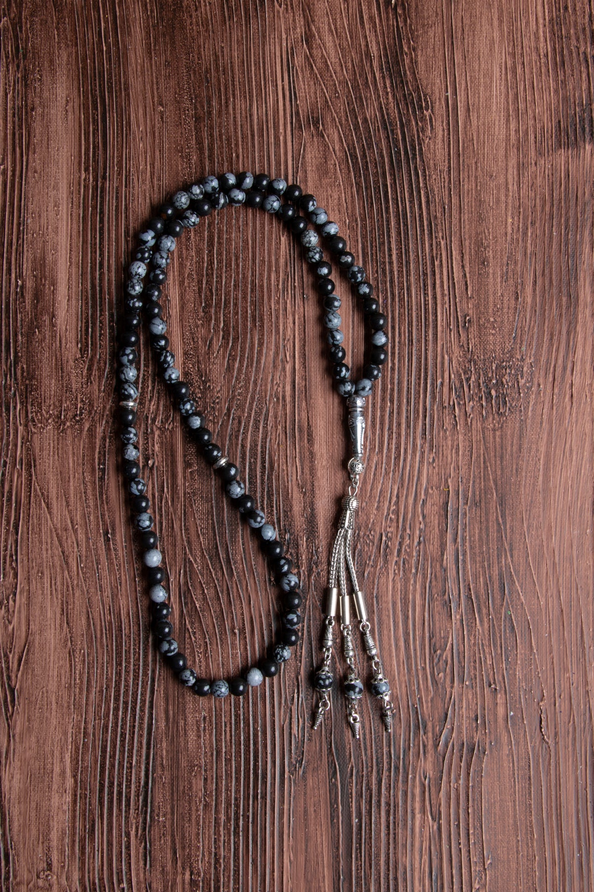 Image of Orijinal Sertifikalı 99'luk Karlı Obsidyen (6 mm) Doğal Taş Metal İmamiye Püskül Tespih