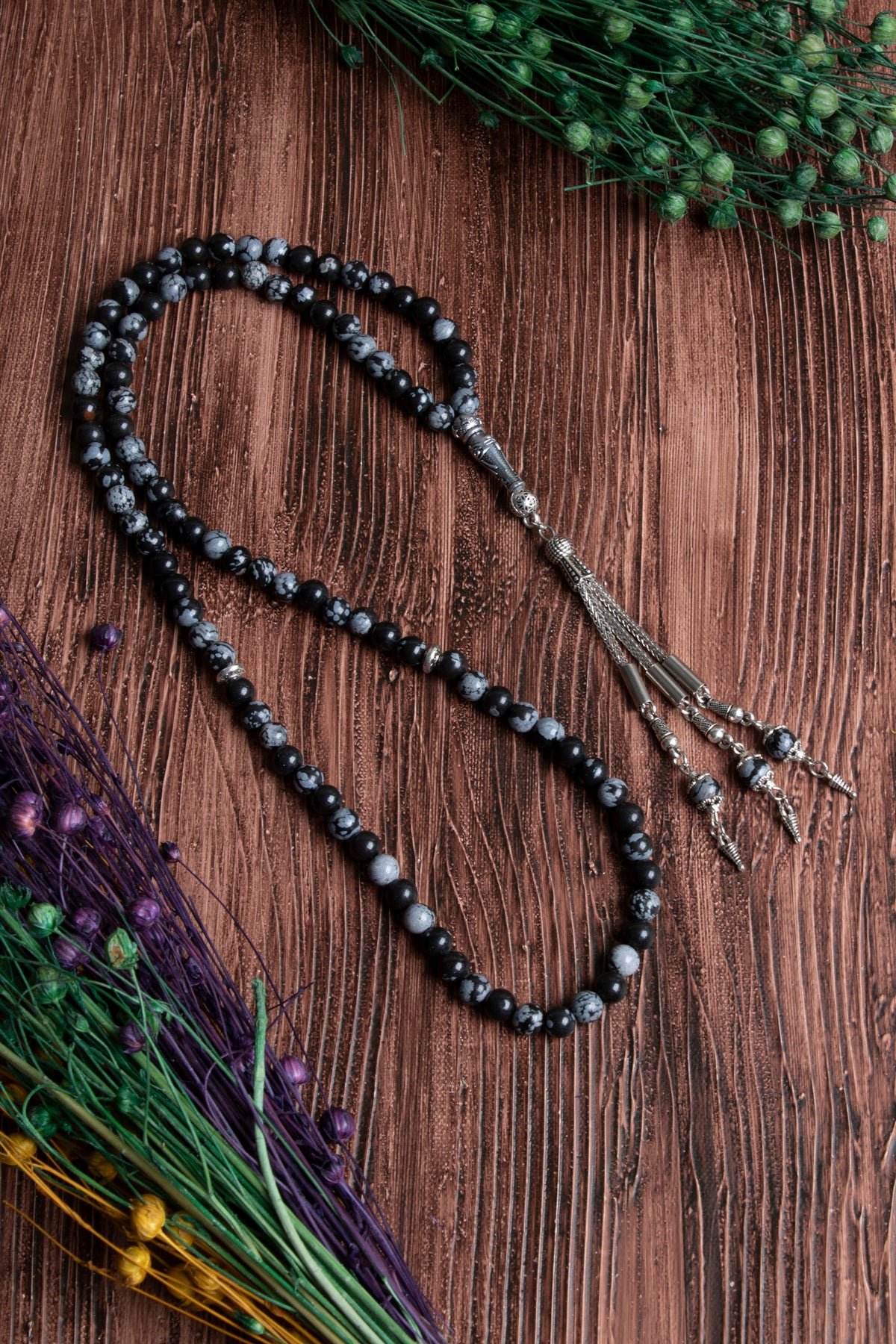 Image of Orijinal Sertifikalı 99'luk Karlı Obsidyen (6 mm) Doğal Taş Metal İmamiye Püskül Tespih