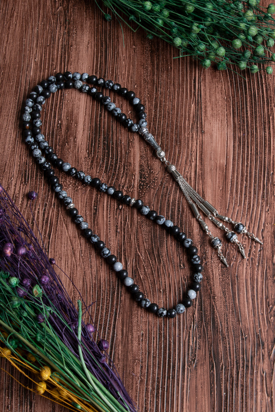 Orijinal Sertifikalı 99'luk Karlı Obsidyen (6 mm) Doğal Taş Metal İmamiye Püskül Tespih