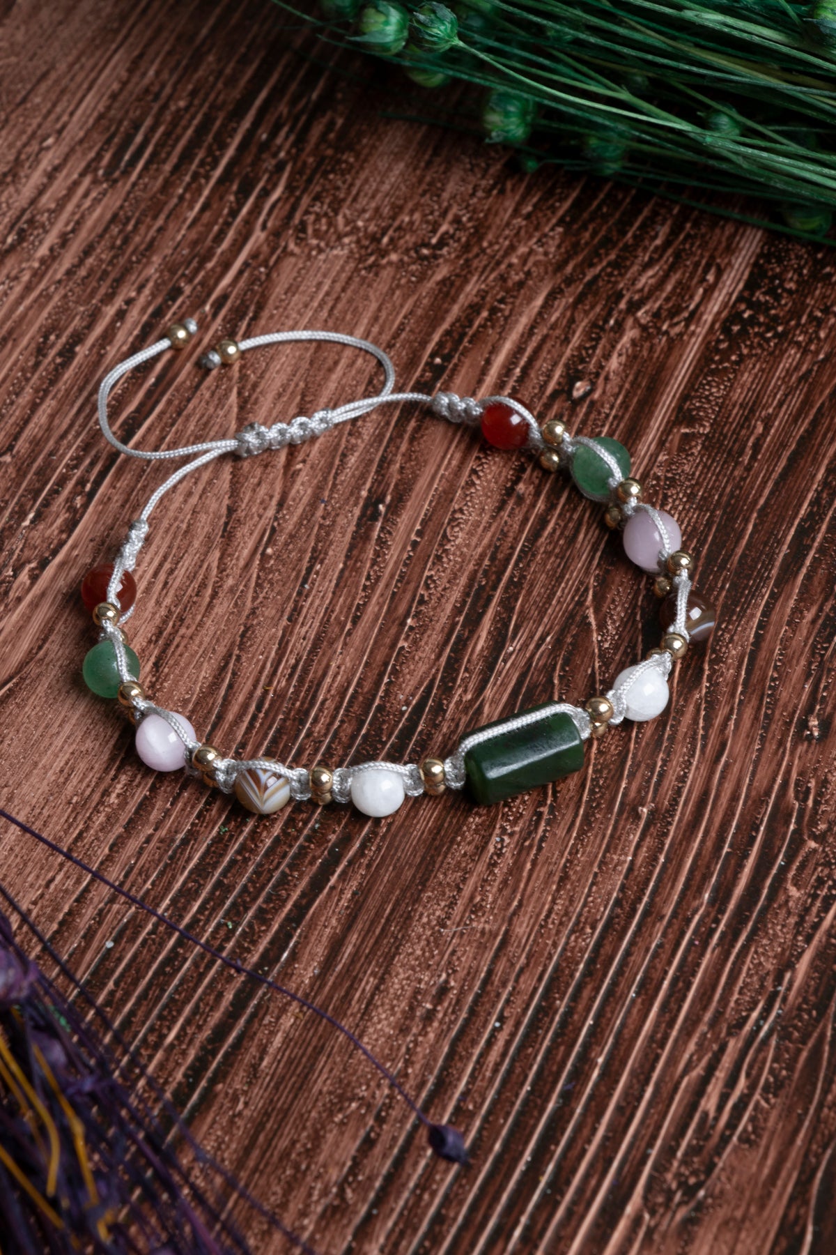 Image of Sertifikalı Ay Taşı Yeşim Aventurin Kunzit Kahve Akik Kırmızı Akik Doğal Taş Makrome Bileklik