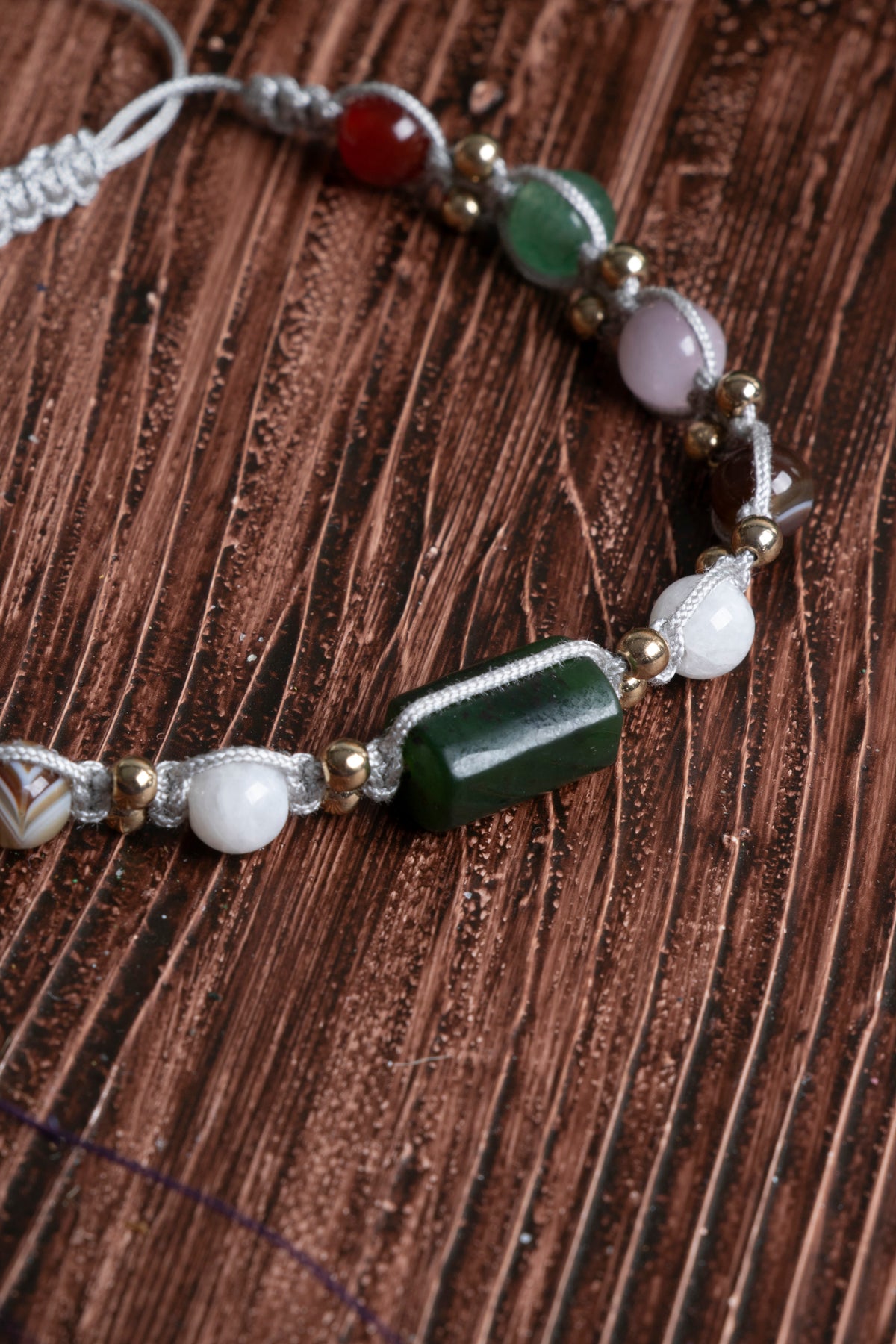 Image of Sertifikalı Ay Taşı Yeşim Aventurin Kunzit Kahve Akik Kırmızı Akik Doğal Taş Makrome Bileklik