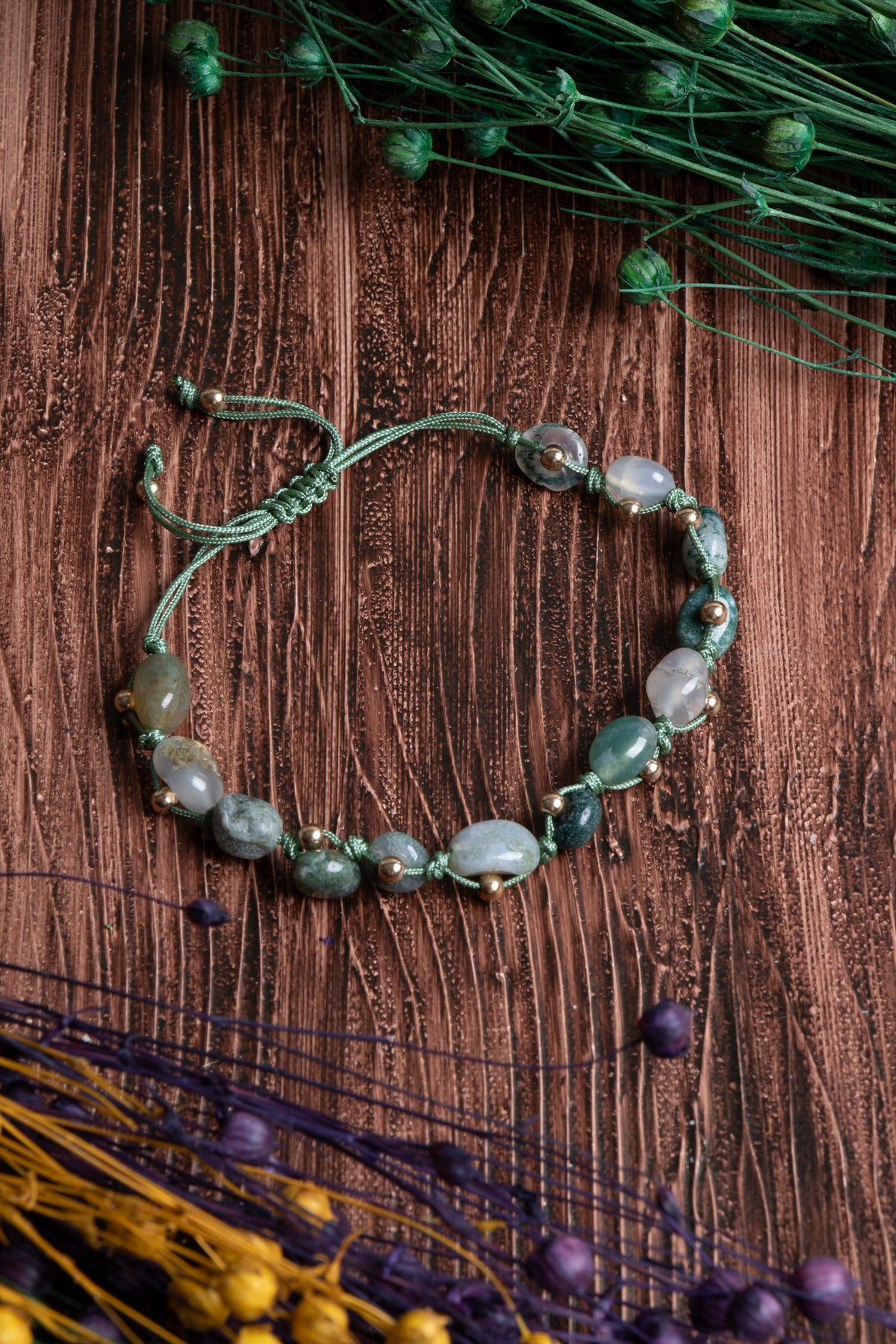 Image of Orijinal Sertifikalı Yosunlu Akik Doğal Taş Makrome Bileklik