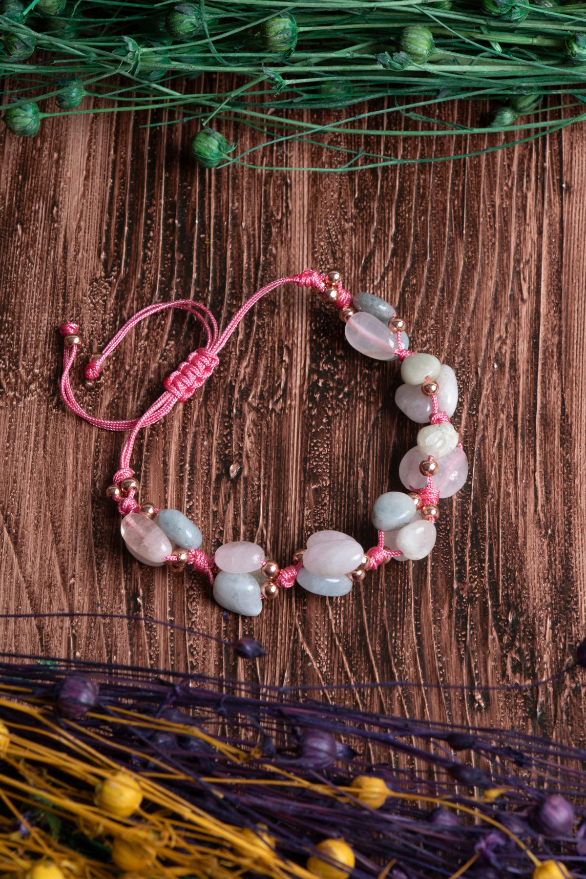 Image of Orijinal Sertifikalı Akuamarin Pembe Kuvars Helkum Doğal Taş Makrome Bileklik