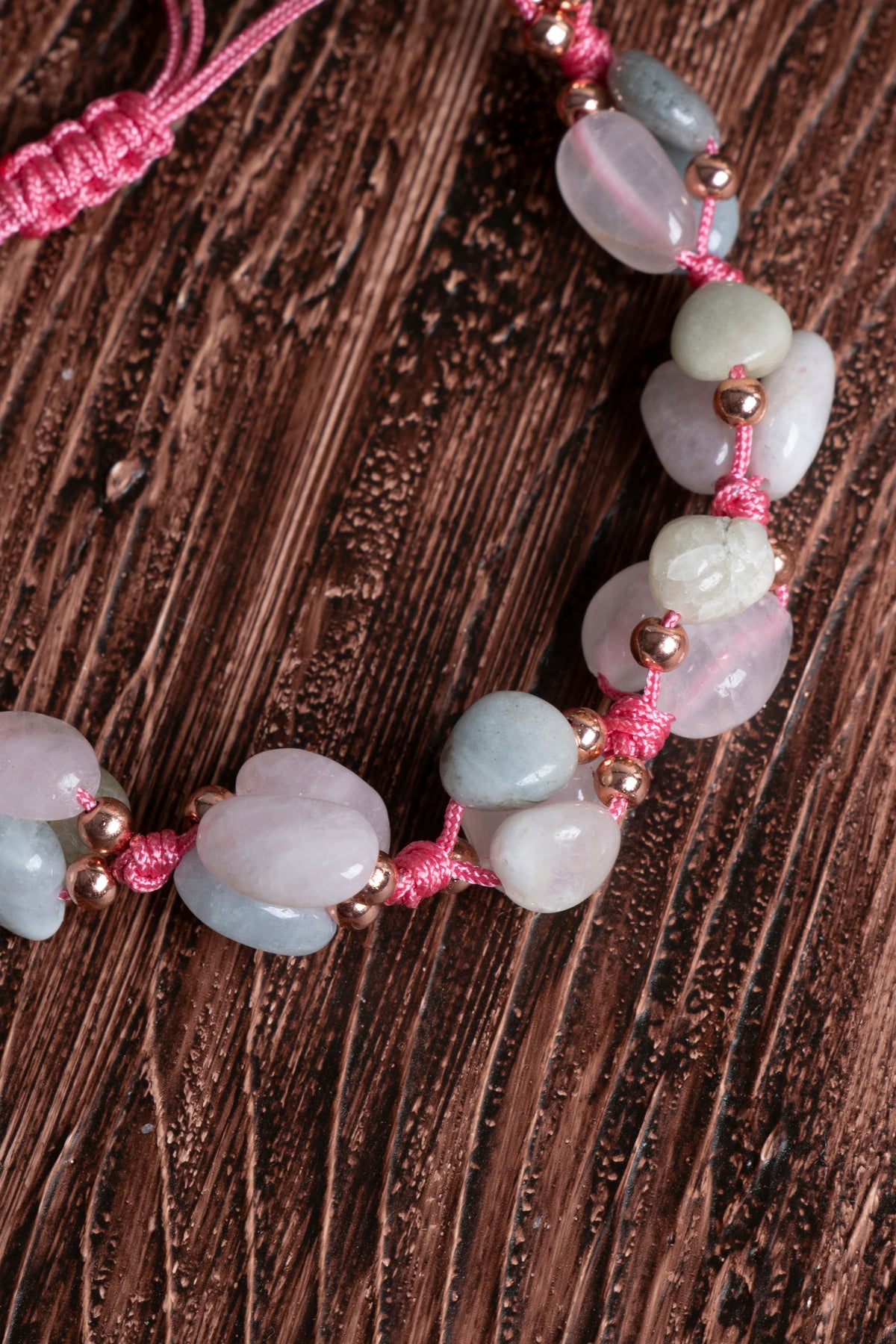 Image of Orijinal Sertifikalı Akuamarin Pembe Kuvars Helkum Doğal Taş Makrome Bileklik