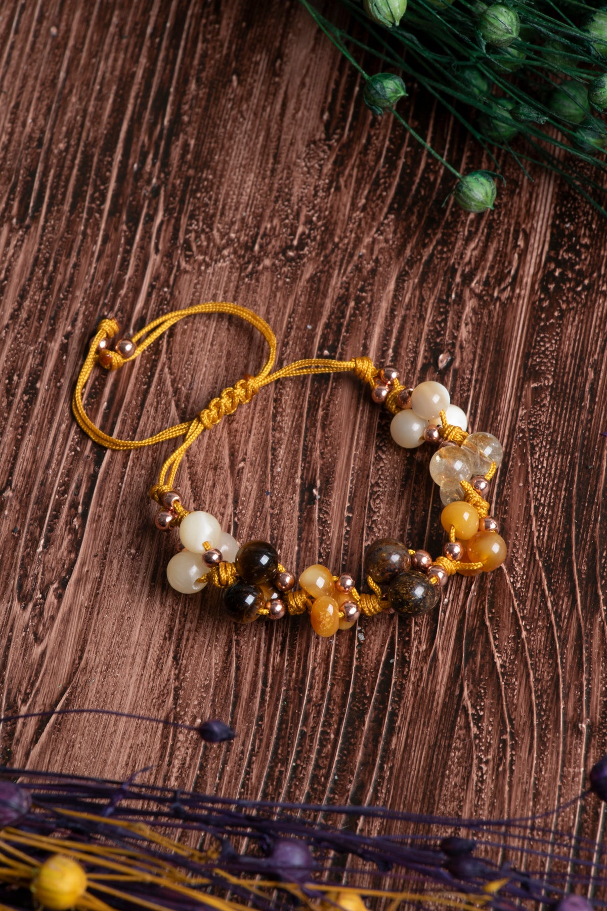 Image of Orijinal Sertifikalı Çakra Bileklik Kalsit Sitrin Kehribar Kaplan Gözü Doğal Taş Makrome