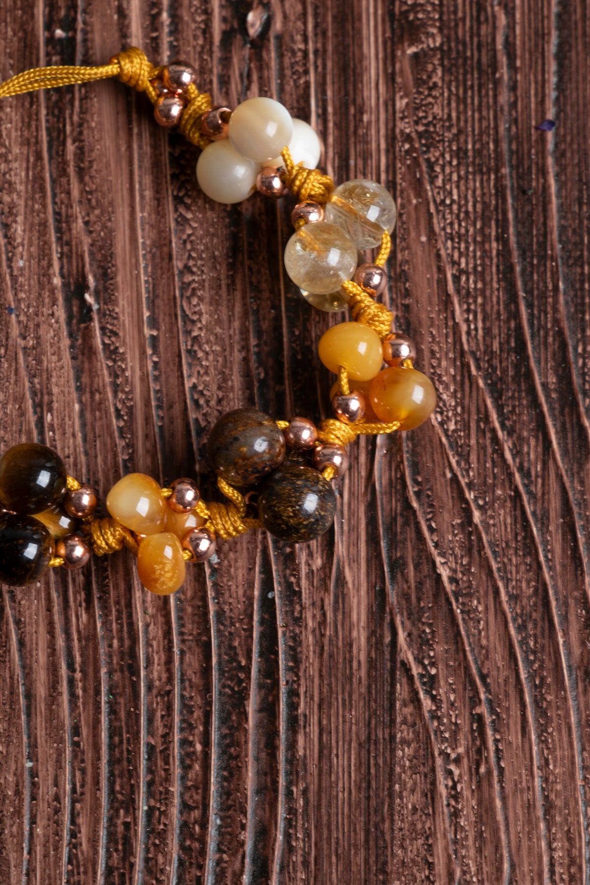 Image of Orijinal Sertifikalı Çakra Bileklik Kalsit Sitrin Kehribar Kaplan Gözü Doğal Taş Makrome