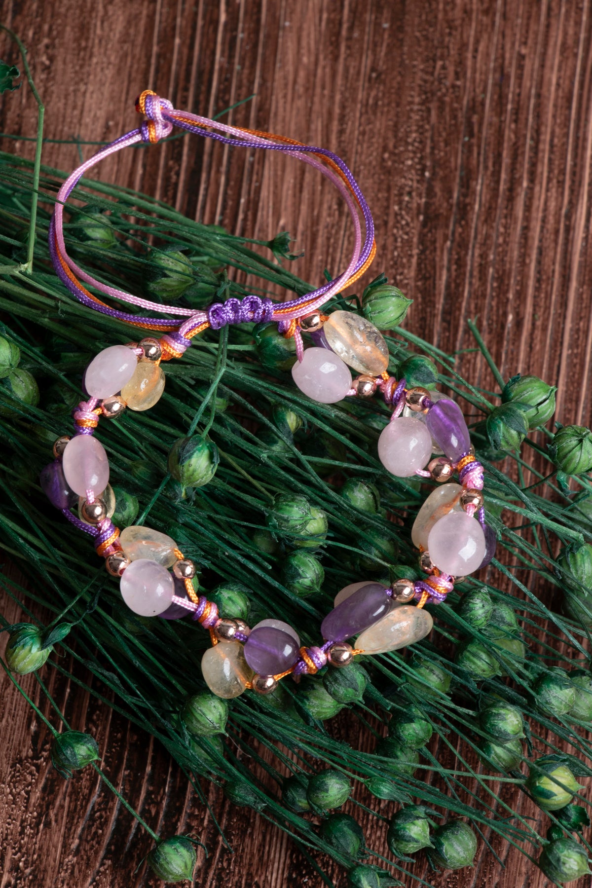 Image of Orijinal Sertifikalı Sitrin Pembe Kuvars Ametist Makrome Bileklik